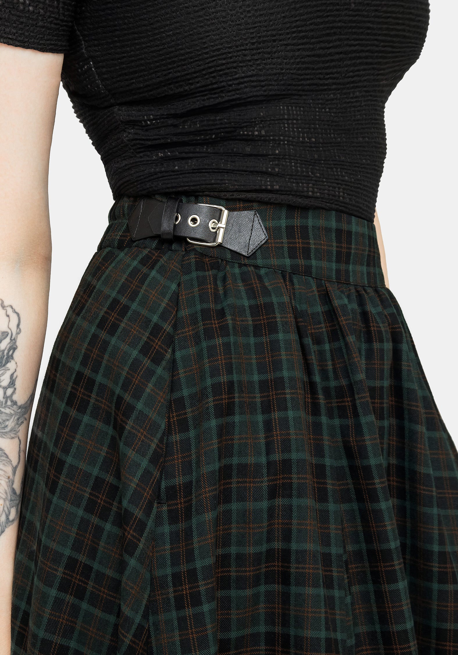 Elegant Nightingale Buckled Check Midi Skirt for Women - Vintage Plaid A-Line Skirt with Adjustable Belt - Perfect for Office, Date Night & Fall Fashion