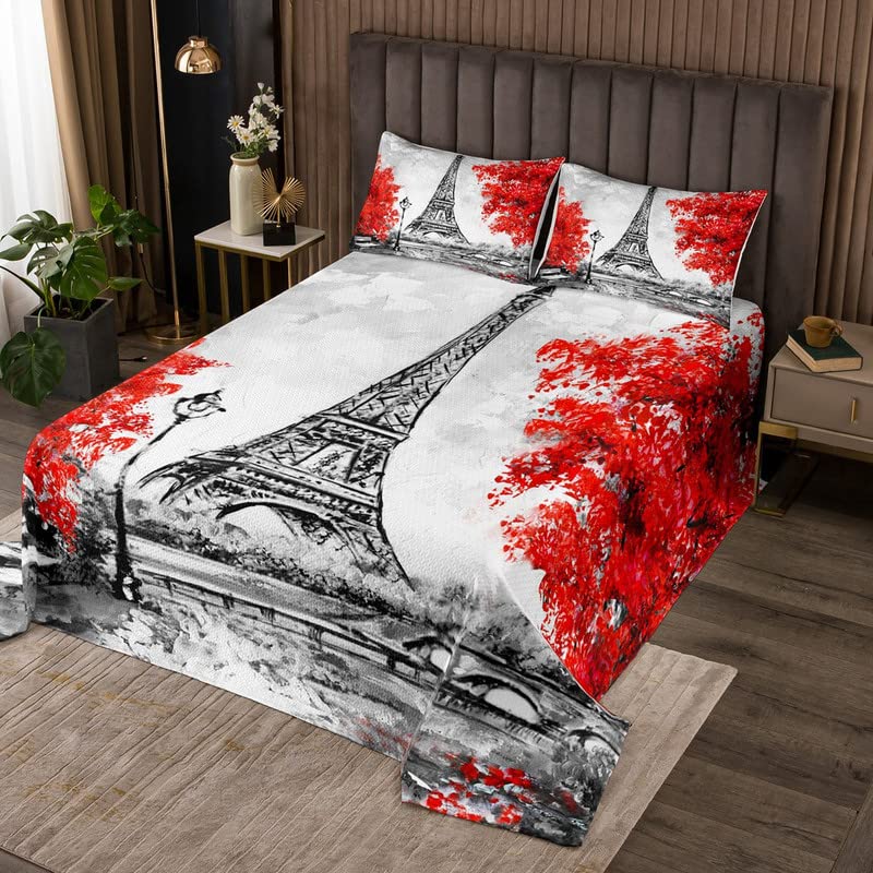 Erosebridal Eiffel Tower Quilt Set for Kids - Twin Size Paris Themed Bedding with Red Flowers & Cherry Blossom Design, 2-Piece Bedspread Set for Boys & Girls - Perfect for Bedroom Decor, Wedding Gift, or Romantic Parisian Nursery Theme