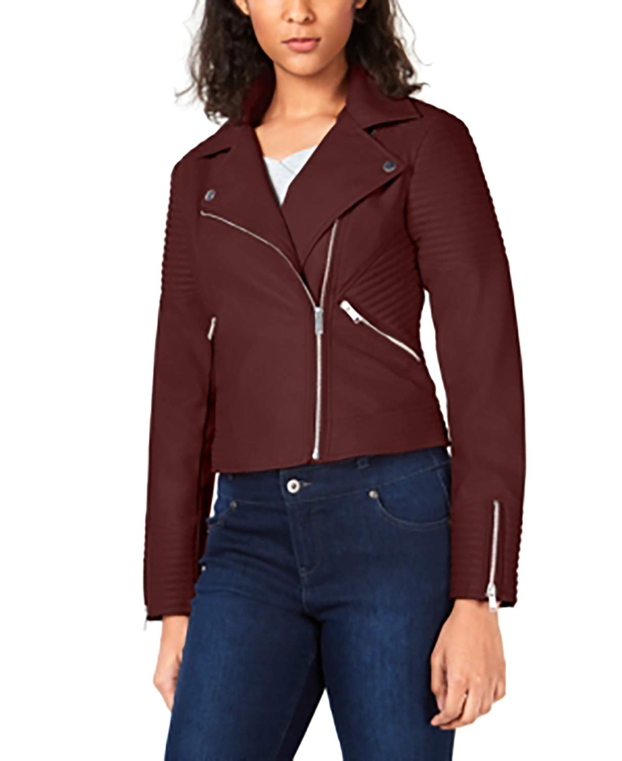 Bar III Women's Quilted Moto Jacket in Cocoa Rose - XS Size | Stylish Faux Leather Biker Jacket for Casual Outings & Night Out
