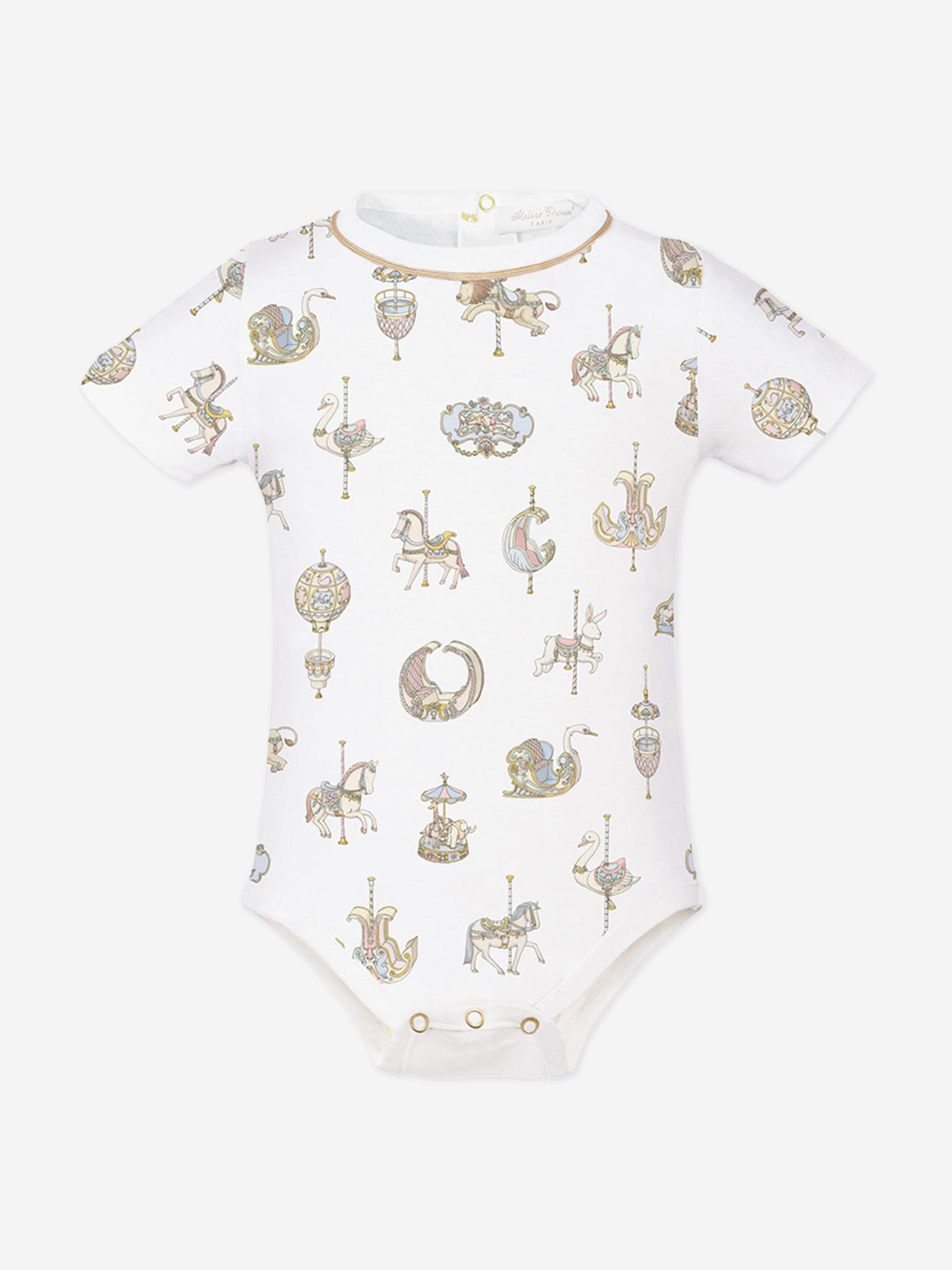 Atelier Choux White Baby Carousel Onesie - Soft Organic Cotton Bodysuit for Newborns & Infants | Perfect for Photo Shoots, Special Occasions & Everyday Wear
