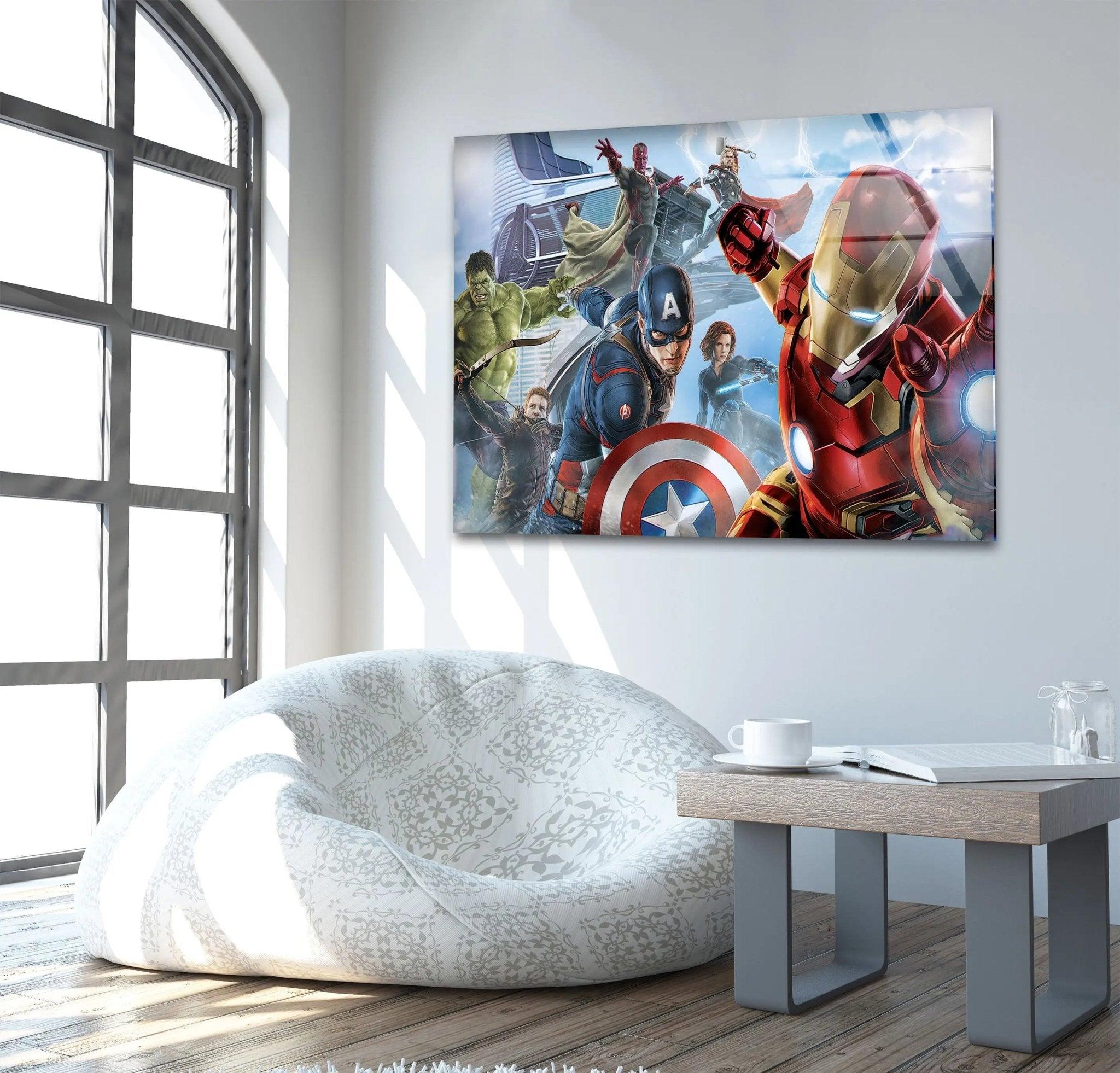 Marvel Avengers Superhero Glass Wall Art - Iron Man, Captain America, Hulk & Thor - Perfect for Home, Office & Game Room Decor