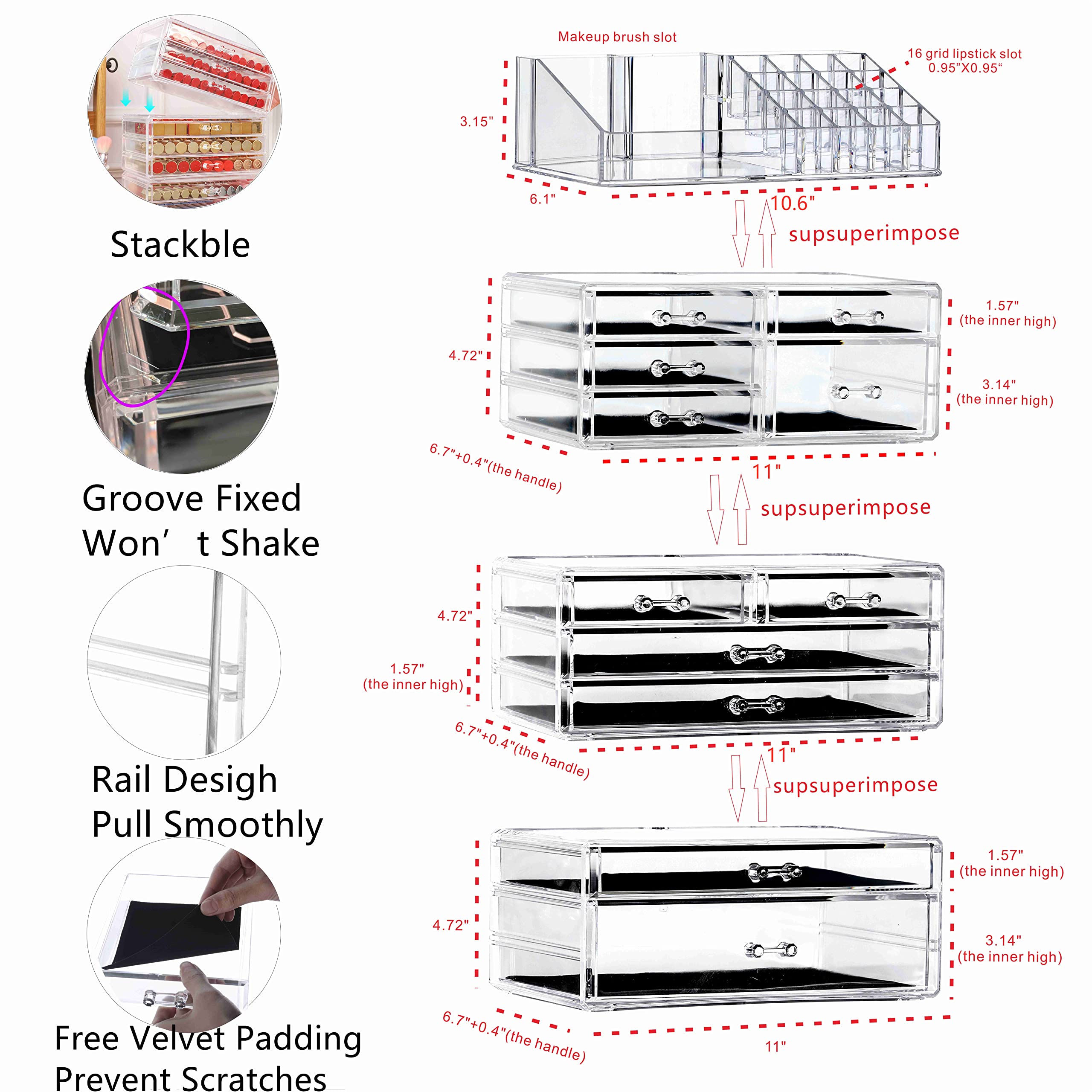 **4-Pack Clear Acrylic Skincare Organizer with 11 Stackable Drawers - Vanity Makeup & Jewelry Storage for Beauty, Hair Clips & Skincare Products - Perfect for Bedroom, Bathroom & Dressing Table Organization**