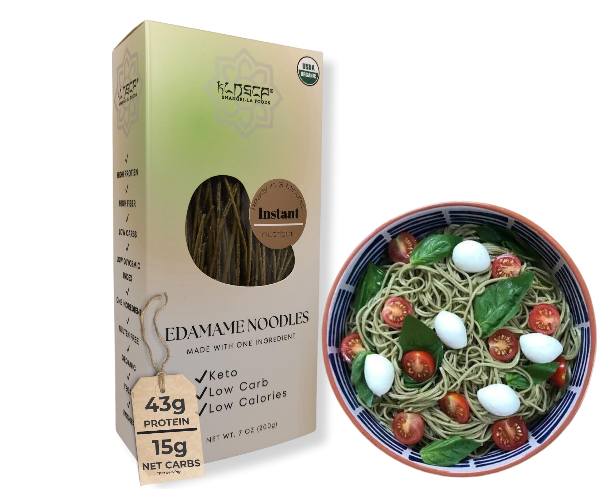 Organic Gluten-Free Edamame Protein Pasta - 43g Protein per Serving | Low Carb High Fiber Plant-Based Pasta | Vegan & Keto Friendly | 7oz Pack (4 Meals) | Perfect for Healthy Meals, Weight Loss & Fitness Diets