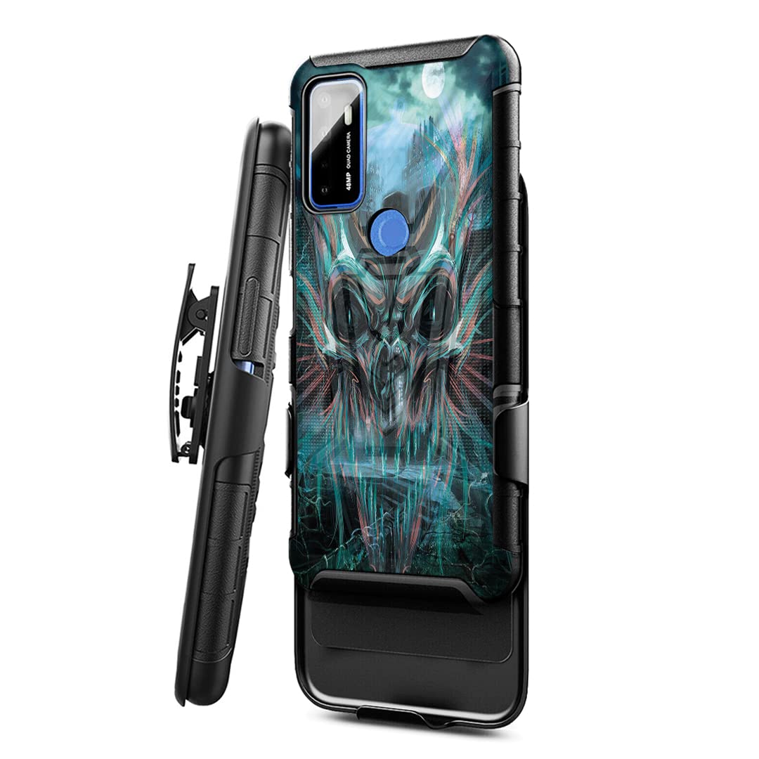 Military Shockproof Phone Case for Cricket Dream 5G & AT&T Radiant Max 5G - Heavy Duty Belt Clip Holster with Kickstand | Skull Design Protective Cover for Outdoor, Work & Adventure Use
