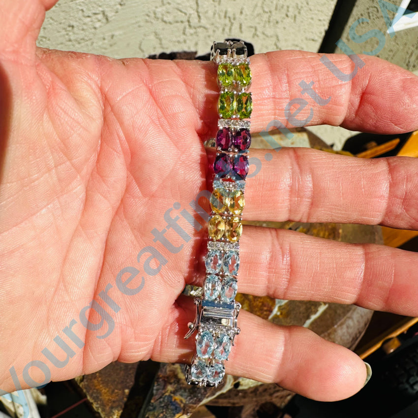 Sterling Silver Rainbow Gemstone Tennis Bracelet for Women - Elegant Stackable Bracelet with Multi-Color Stones for Everyday Wear, Gift Giving & Special Occasions