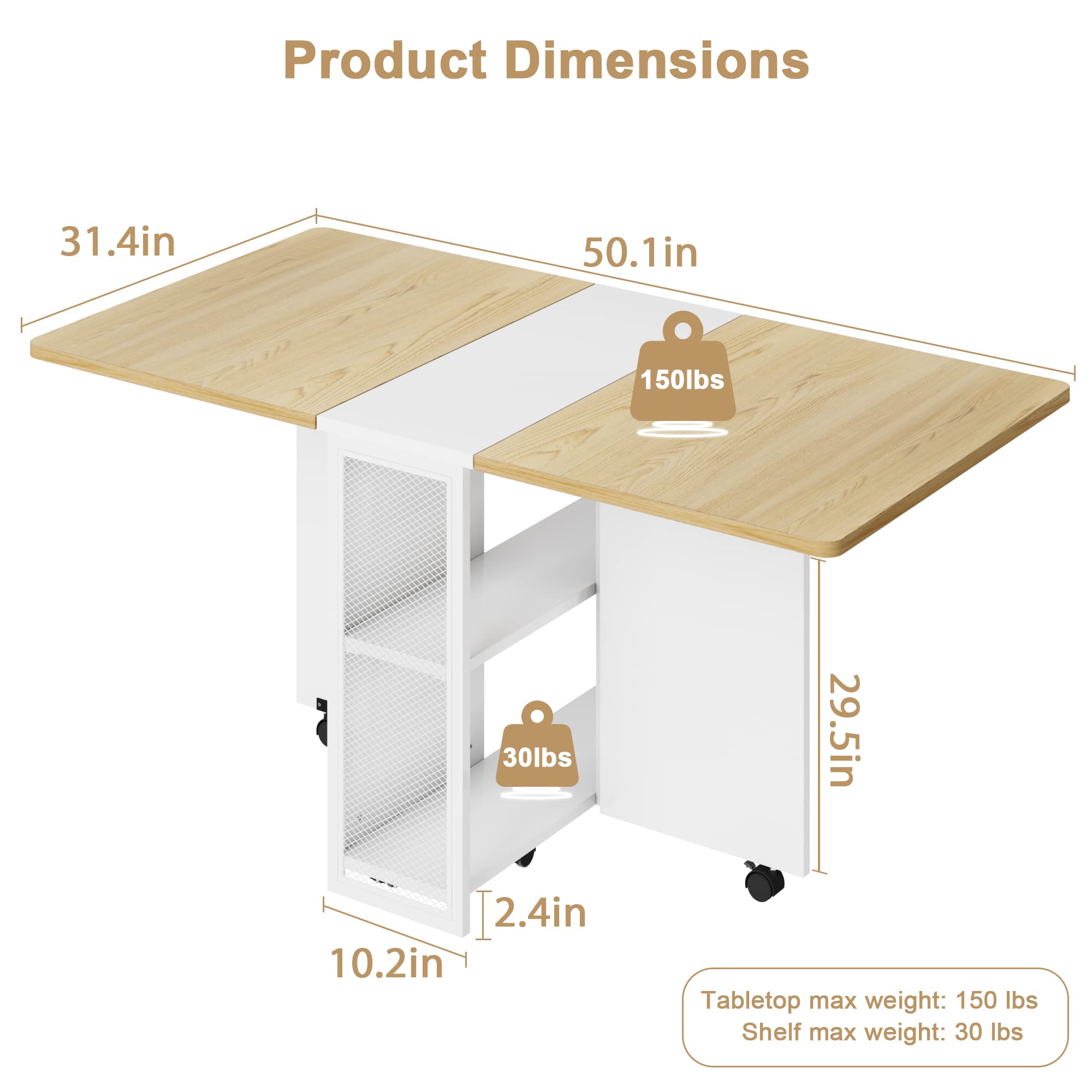 Alkmaar Folding Dining Table - Space Saving Drop Leaf Table for Small Spaces | Collapsible Kitchen, Office & Dining Room Furniture with 4 Storage Racks | Perfect for Apartments, Studios & Multi-Functional Spaces