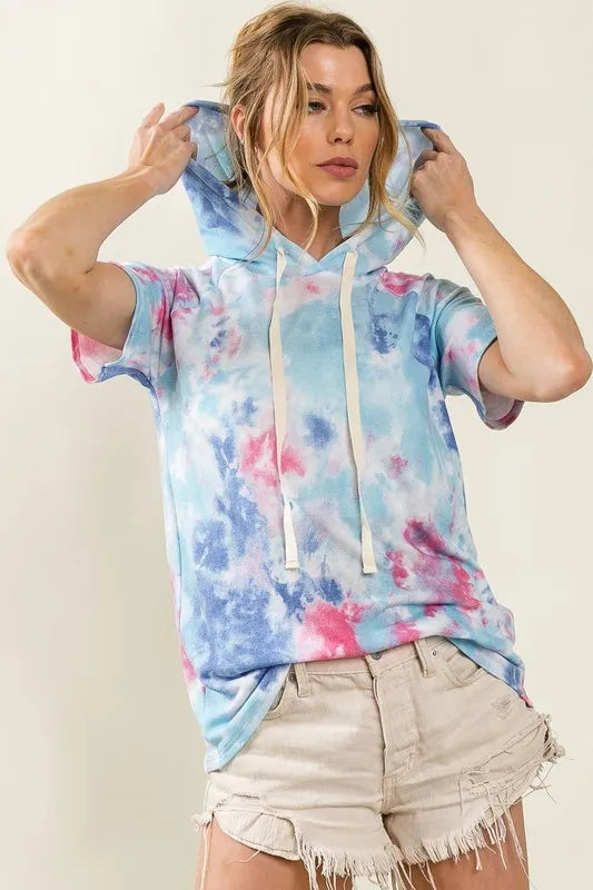 BiBi Tie Dye Terry Hoodie with Adjustable Drawstring - Soft Cotton Pullover for Women | Perfect for Casual Wear, Yoga, and Outdoor Activities