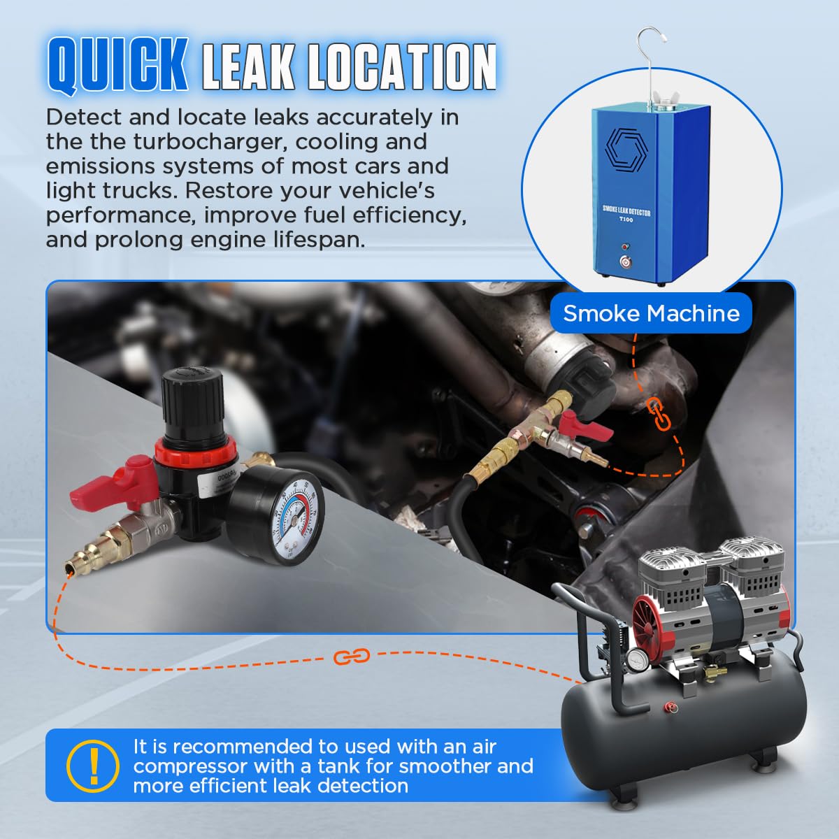 14PC Turbo Boost Leak Tester Kit with Smoke Adapter - Pressure Leakage Detector for Turbo System, Includes 6 Pairs Stepped Adapters (1-4/5