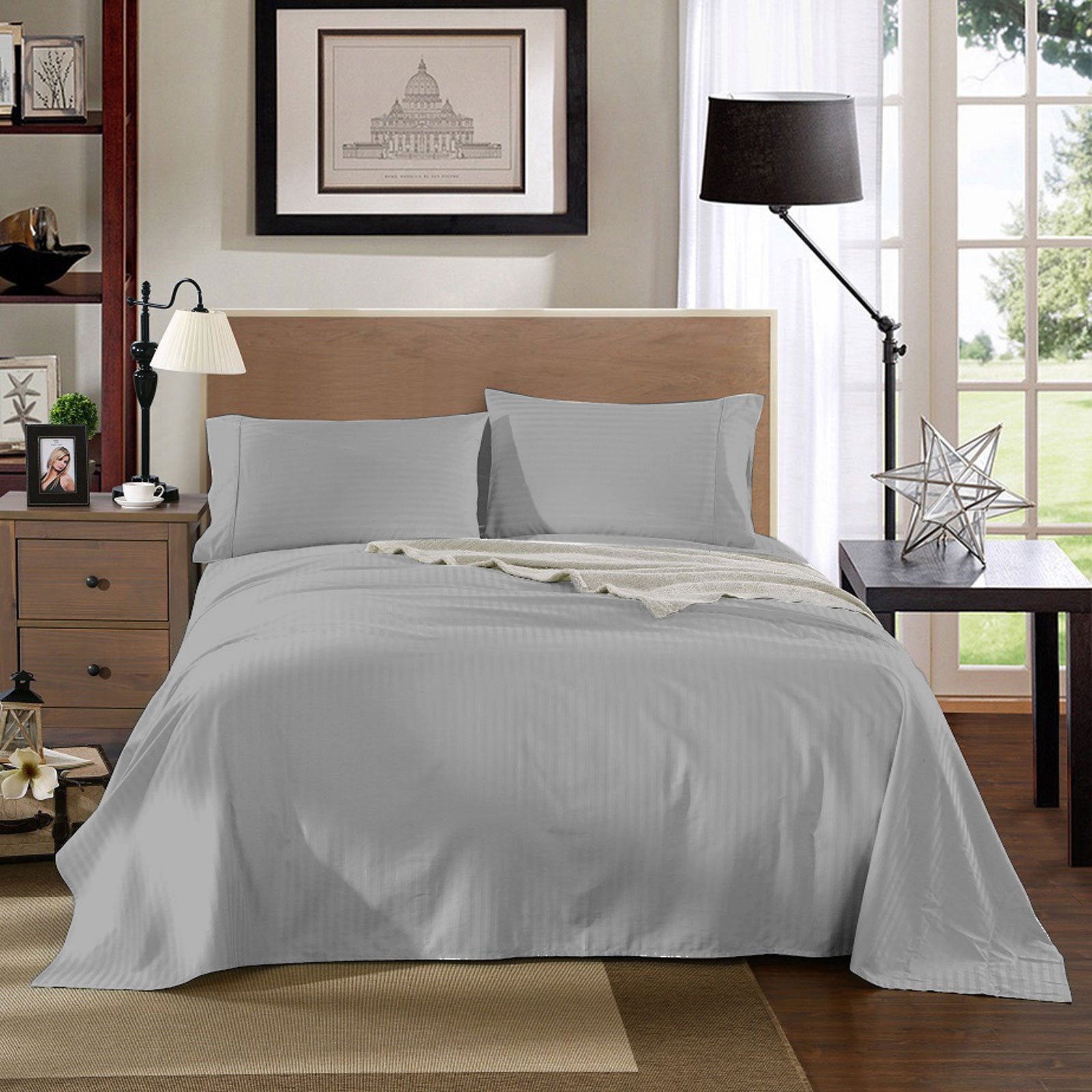 Premium 1200 Thread Count 100% Egyptian Cotton Queen Sheet Set - Luxury Hotel Quality Stripe Design in Silver | Soft & Breathable Bedding for Ultimate Comfort in Master Bedrooms & Guest Rooms