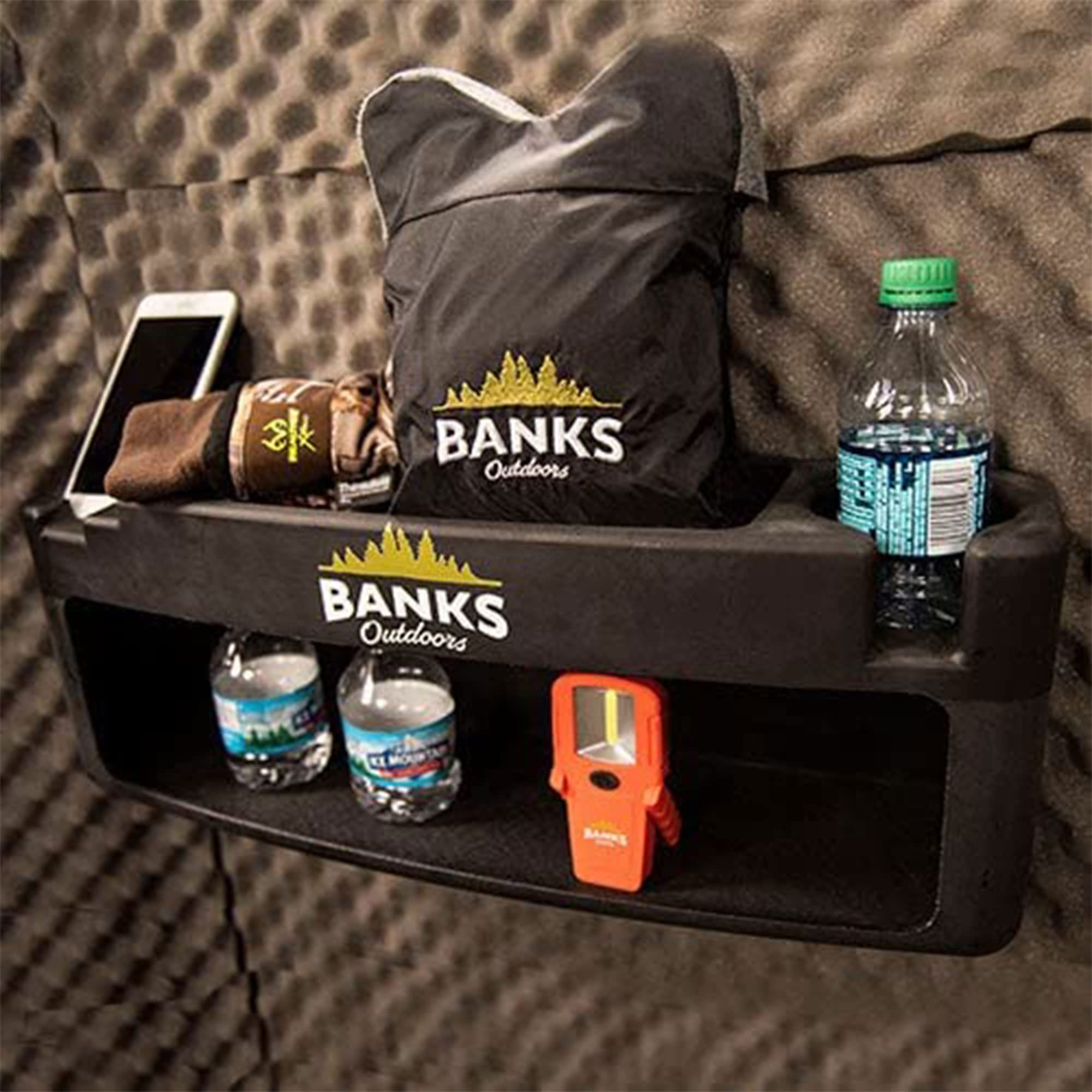 Blind Storage Wall Shelf with Rubber Lined Shelves & Stump Light - Durable Hunting Gear Organizer for Banks Stump Blind, Camouflage Equipment & Personal Items | Perfect for Hunting Cabins, Deer Stands & Outdoor Storage