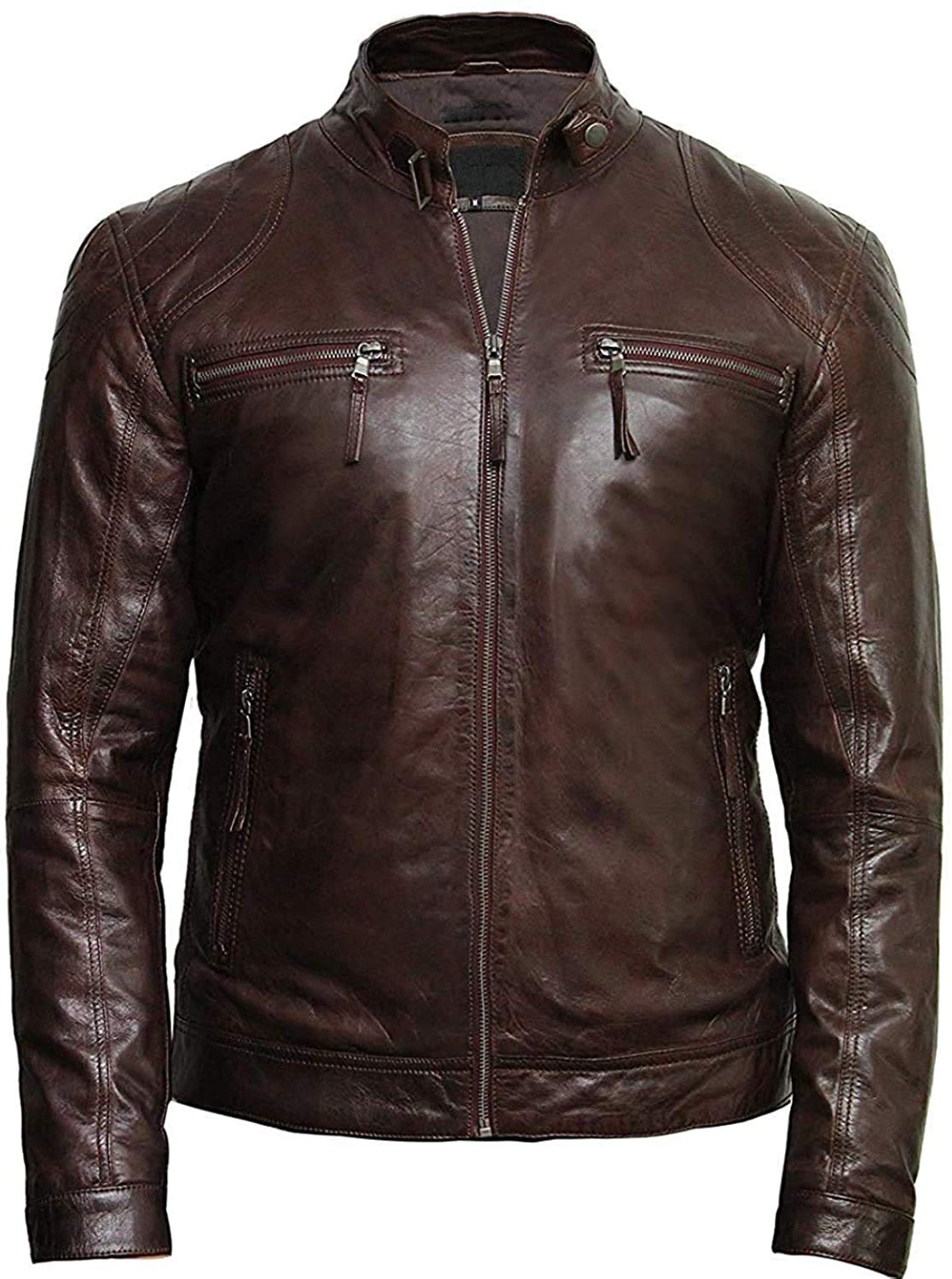 BRANDSLOCK Men's Black Real Lambskin Leather Jacket - Distressed Cafe Racer Motorcycle Biker Jacket for Riding & Casual Wear | Genuine Leather Outerwear for Men