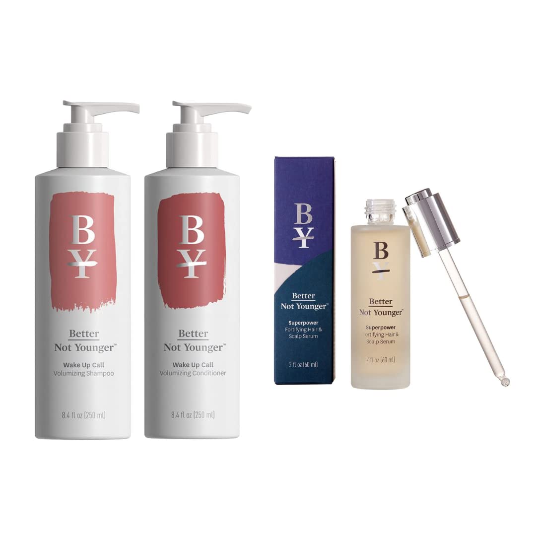 Better Not Younger Wake Up Call Shampoo & Conditioner Set (8 Oz Each) with Superpower Fortifying Hair & Scalp Serum - Volumizing & Strengthening Bundle for Thinning Hair - Perfect for Daily Hair Care Routine & Scalp Health