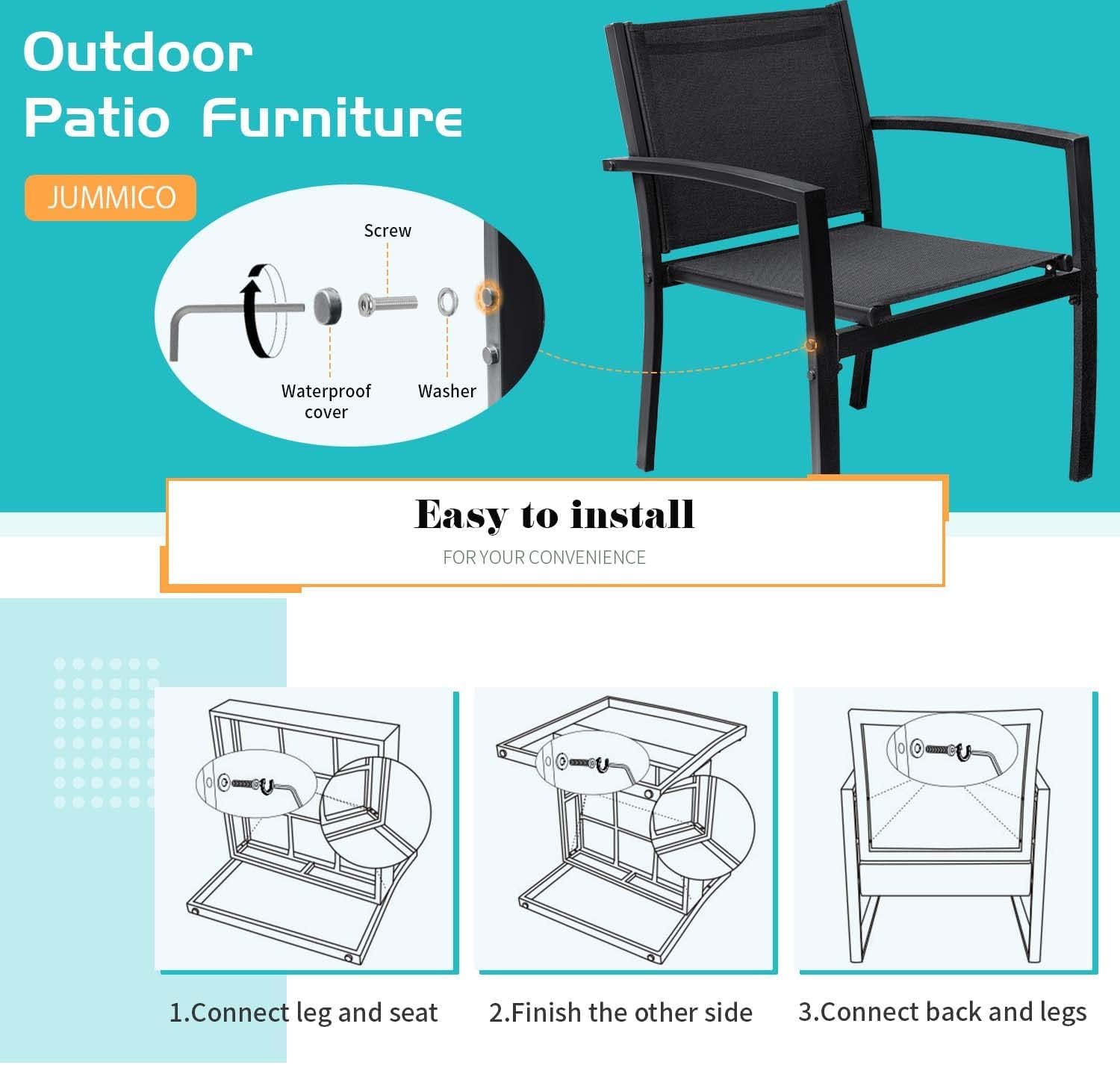 JUMMICO 3-Piece Outdoor Patio Furniture Set - Textilene Chairs & Coffee Table, Modern Bistro Conversation Set for Lawn, Garden, Balcony, Poolside, Porch (Black) | Perfect for Relaxing, Entertaining & Outdoor Dining