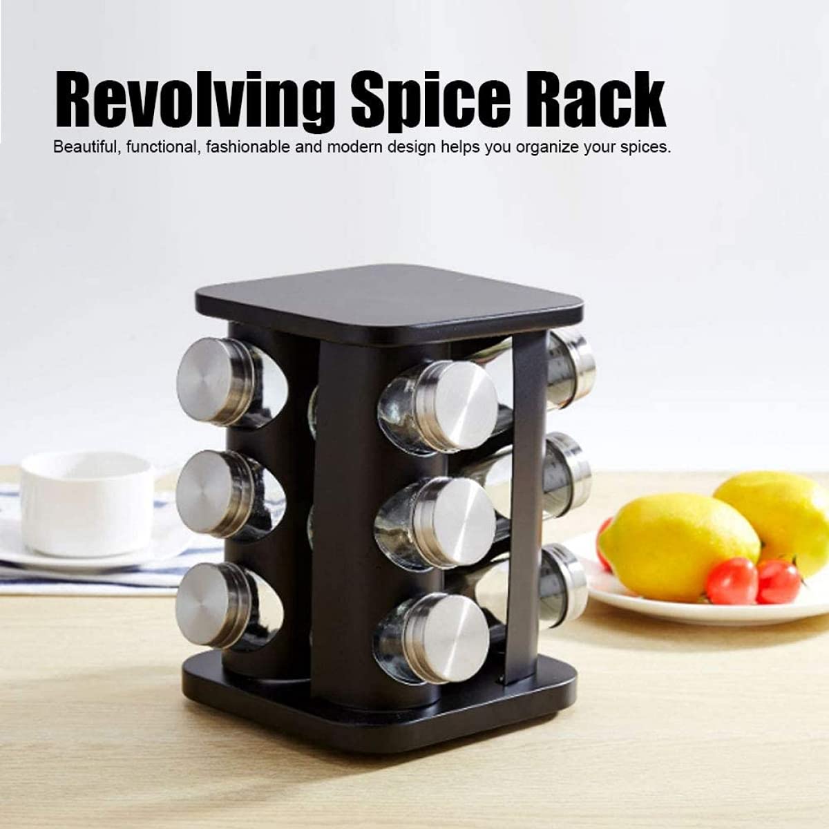 Qiuqiu 360° Rotating Spice Rack Organizer - 12 Glass Jars with Stainless Steel Base | Space-Saving Kitchen Storage for Spices, Herbs & Seasonings | Perfect for Countertop, Pantry & Small Kitchen Organization