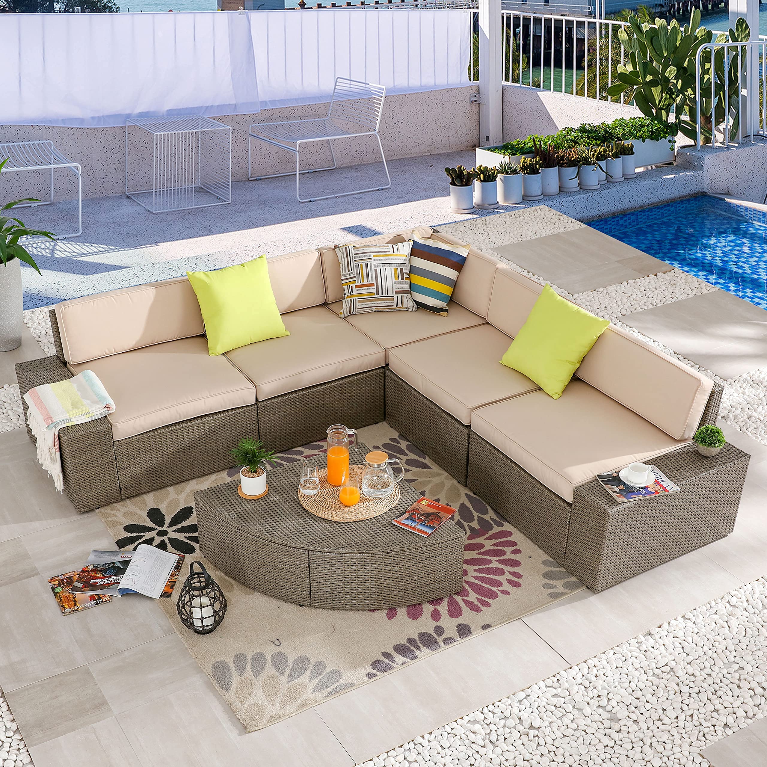 PatioFestival 6-Piece All-Weather PE Rattan Outdoor Sectional Sofa Set with Coffee Table & 3.9