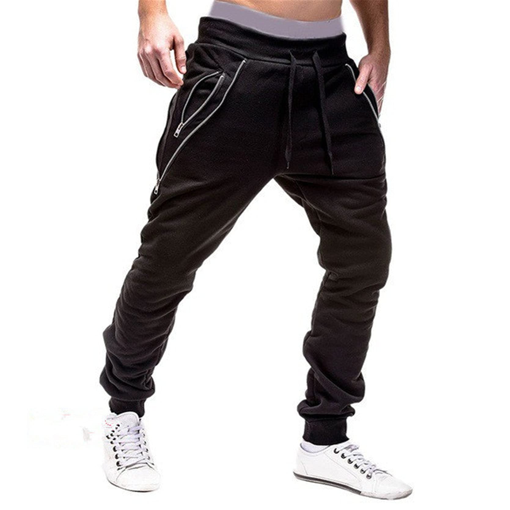 Men's Slim Fit Zipper Pocket Jogger Sweatpants - Gym Running Workout Tapered Track Pants for Casual Wear (XX-Large, Black) - Perfect for Training, Lounge & Outdoor Activities