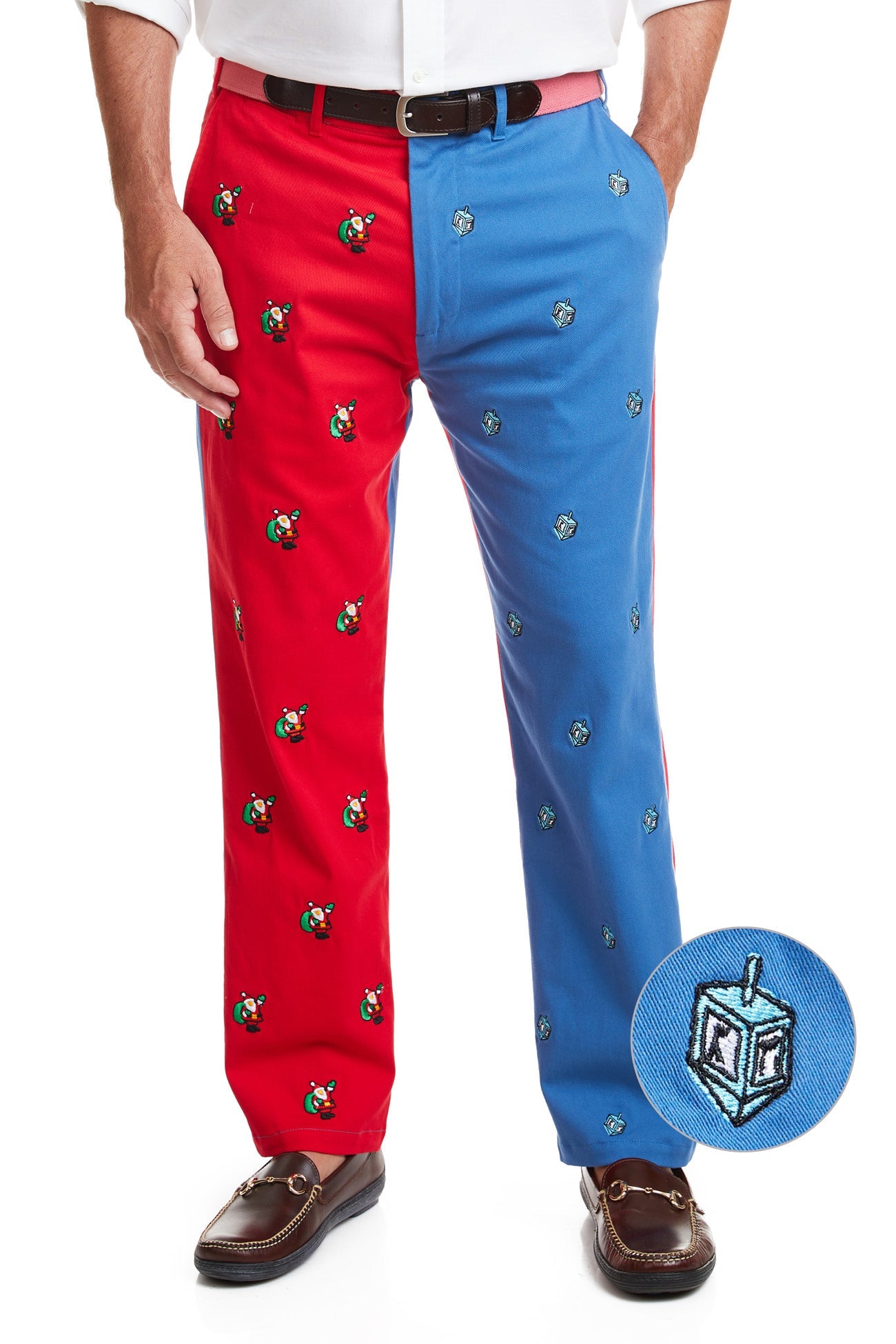 Stylish Harbor Pant in Deep Ocean Blue & Bright Red with Dreidel & Santa Design - Perfect for Hanukkah & Christmas Celebrations