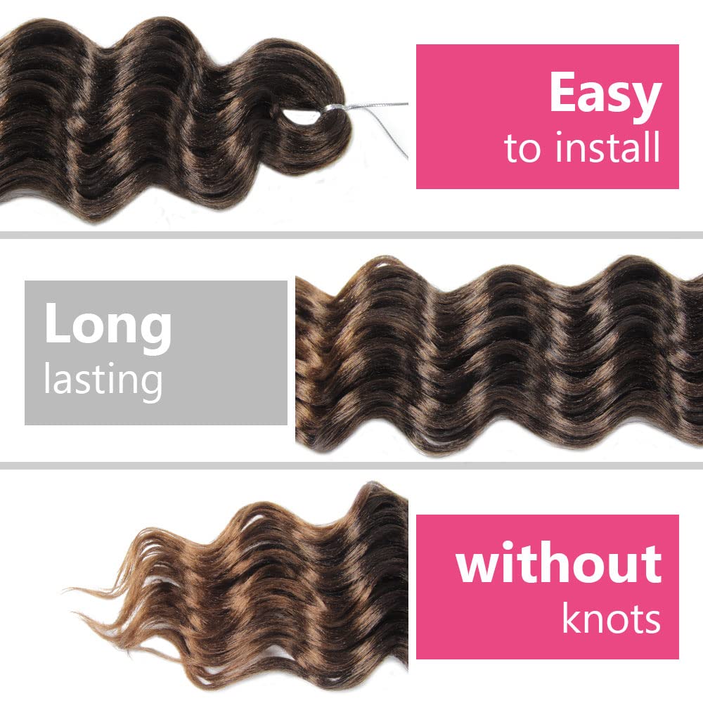 9 Inch Short Ocean Wave Crochet Hair - 8 Packs Synthetic Deep Wave Crochet Braids in T30 Ombre Light Brown | Perfect for Boho Hairstyles, Protective Styling & Everyday Wear