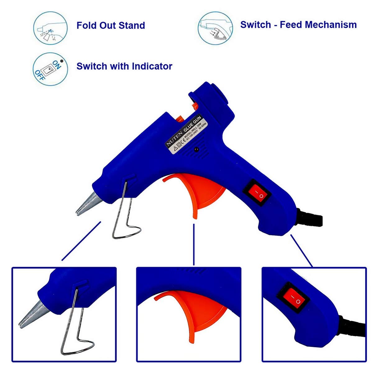 NUTEN 20W 7mm Hot Melt Glue Gun with On/Off Switch & LED Indicator - Includes 10 Free Transparent Glue Sticks (Blue) - Perfect for DIY Crafts, Home Repairs, and Woodworking Projects
