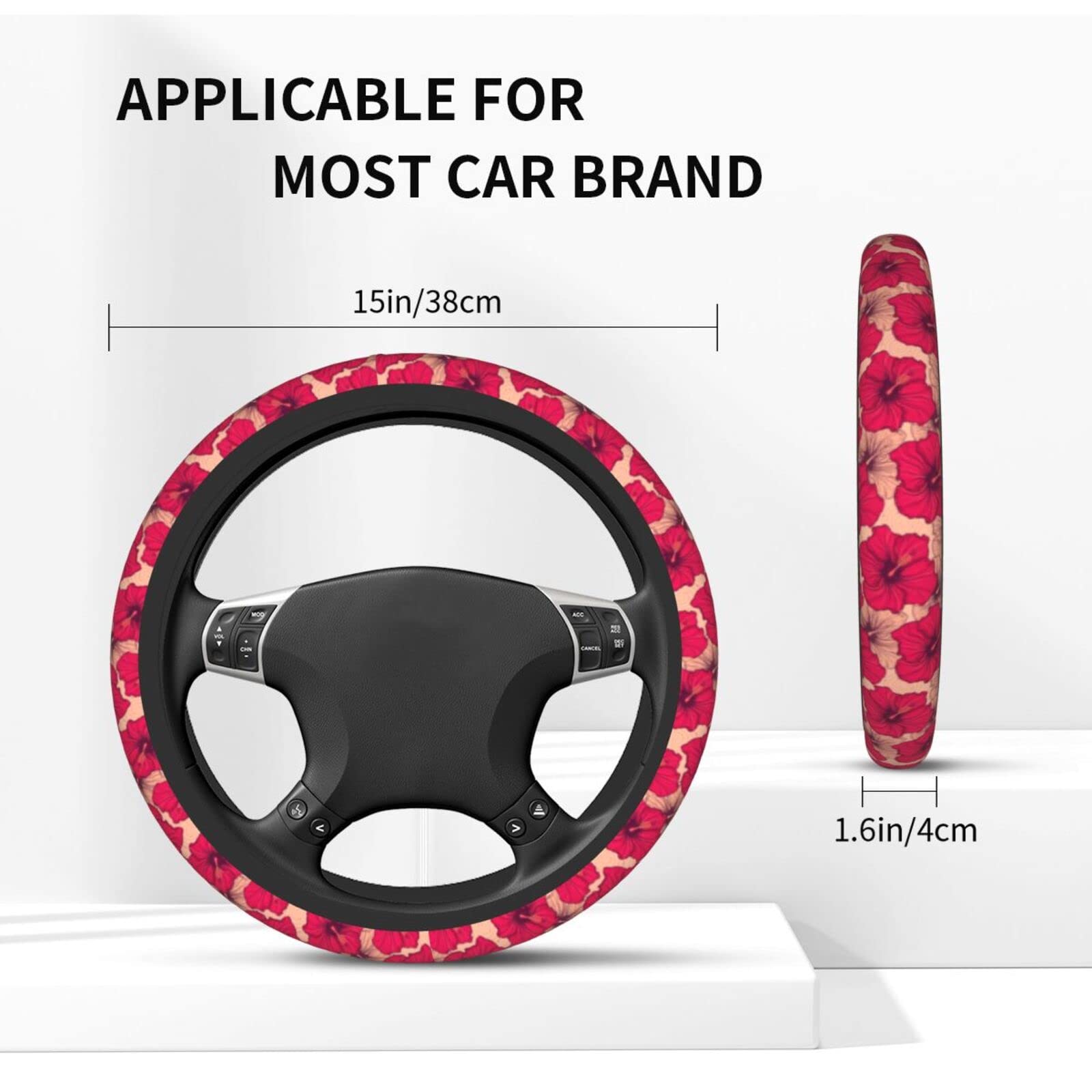 Universal 15 Inch Red Hibiscus Flowers Steering Wheel Cover - Hawaiian Tropical Flower Print Neoprene Car Wheel Protector - Cute Car Accessories for Women - Perfect for Summer Road Trips & Beach Vacations