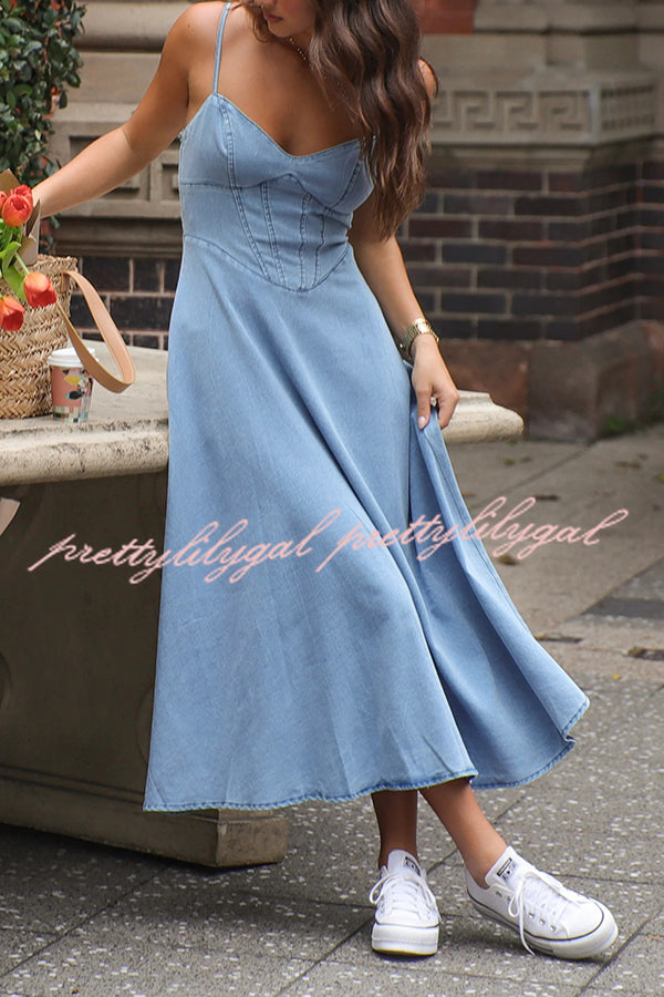 Stylish Solid Color Sleeveless Suspender Pleated Back Faux Denim Midi Dress for Women | Casual Summer Outfit, Party Wear & Office Attire