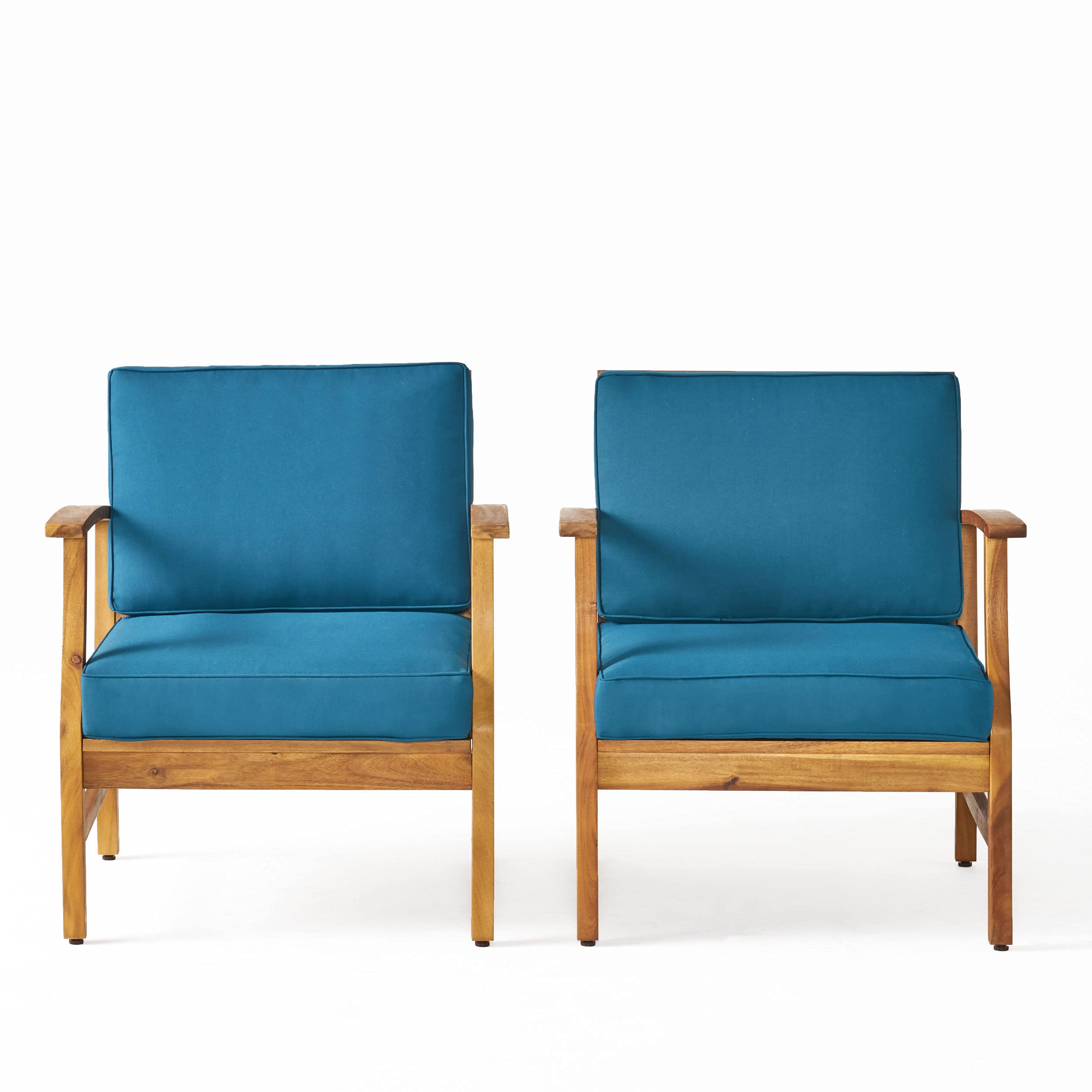 Christopher Knight Home Perla Outdoor Acacia Wood Club Chairs Set of 2 with Water Resistant Cushions - Teak Finish & Blue Fabric - Patio, Garden, Poolside Lounge Furniture for Backyard & Outdoor Relaxation