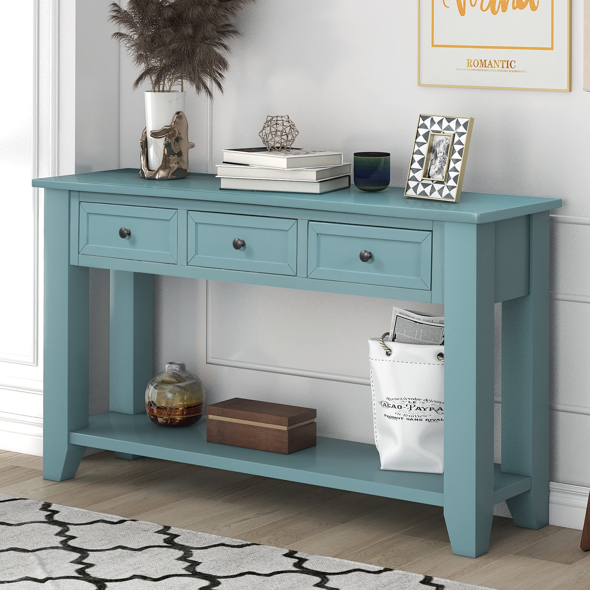 Modern Square Console Table with 3 Drawers & Shelf - Green Sofa Table for Living Room Entrance, End Table with Storage - Perfect for Small Spaces, Apartments & Home Decor
