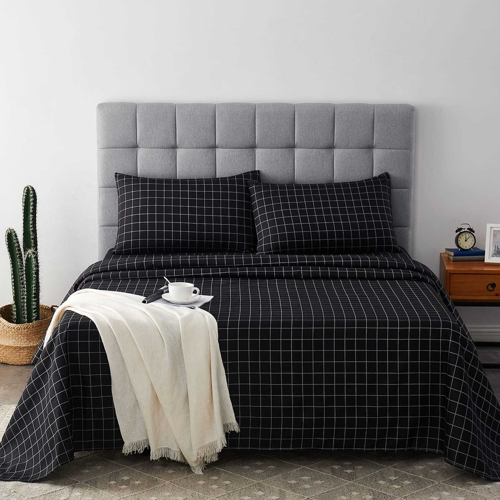 Breathable Cooling Full Size Sheet Set - Soft Plaid Microfiber for Bed Comfort