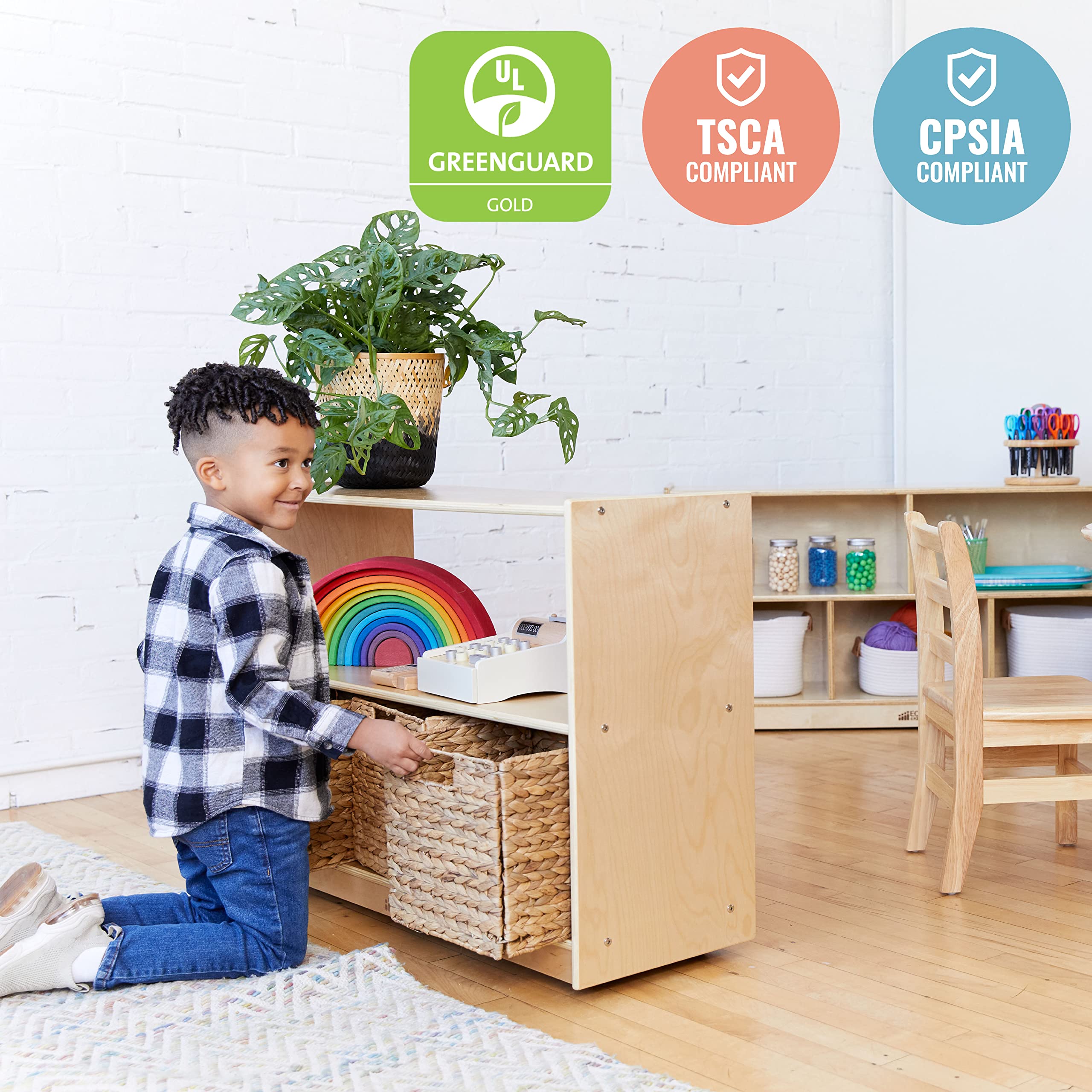 ECR4Kids 2-Shelf Rolling Storage Cabinet - Natural Wood Mobile Island Organizer for Classroom, Playroom & Home School Furniture - Perfect for Books, Toys & Learning Supplies Storage