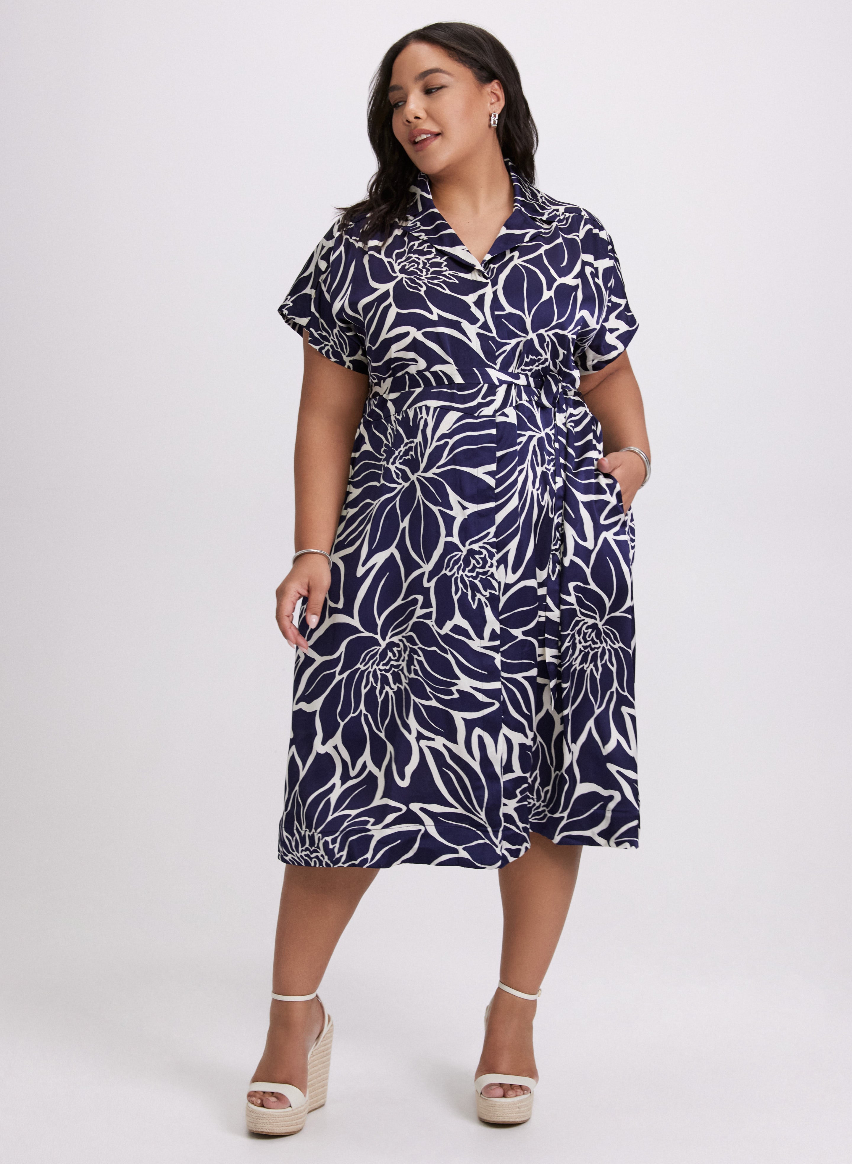 Floral Collar Day Dress - Women's Summer Casual Flowy Dress with V-Neck & Short Sleeves | Perfect for Beach, Brunch & Outdoor Parties