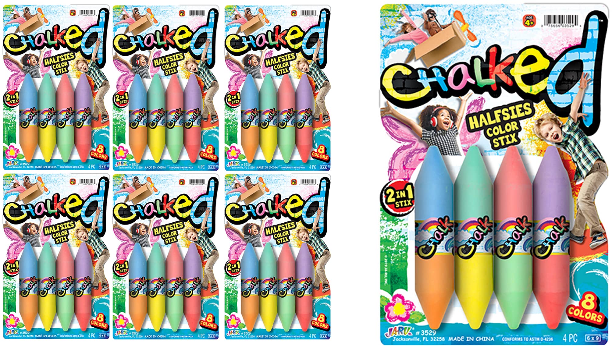 JA-RU 24-Piece Double Sided Sidewalk Chalk for Kids - 6 Pack of 4 Colors Each | 2-in-1 Non-Toxic Chalkboard & Outdoor Chalk | Preschool Art Supplies, Birthday Party Favors | Perfect for Driveway Drawing, Outdoor Play & Classroom Activities