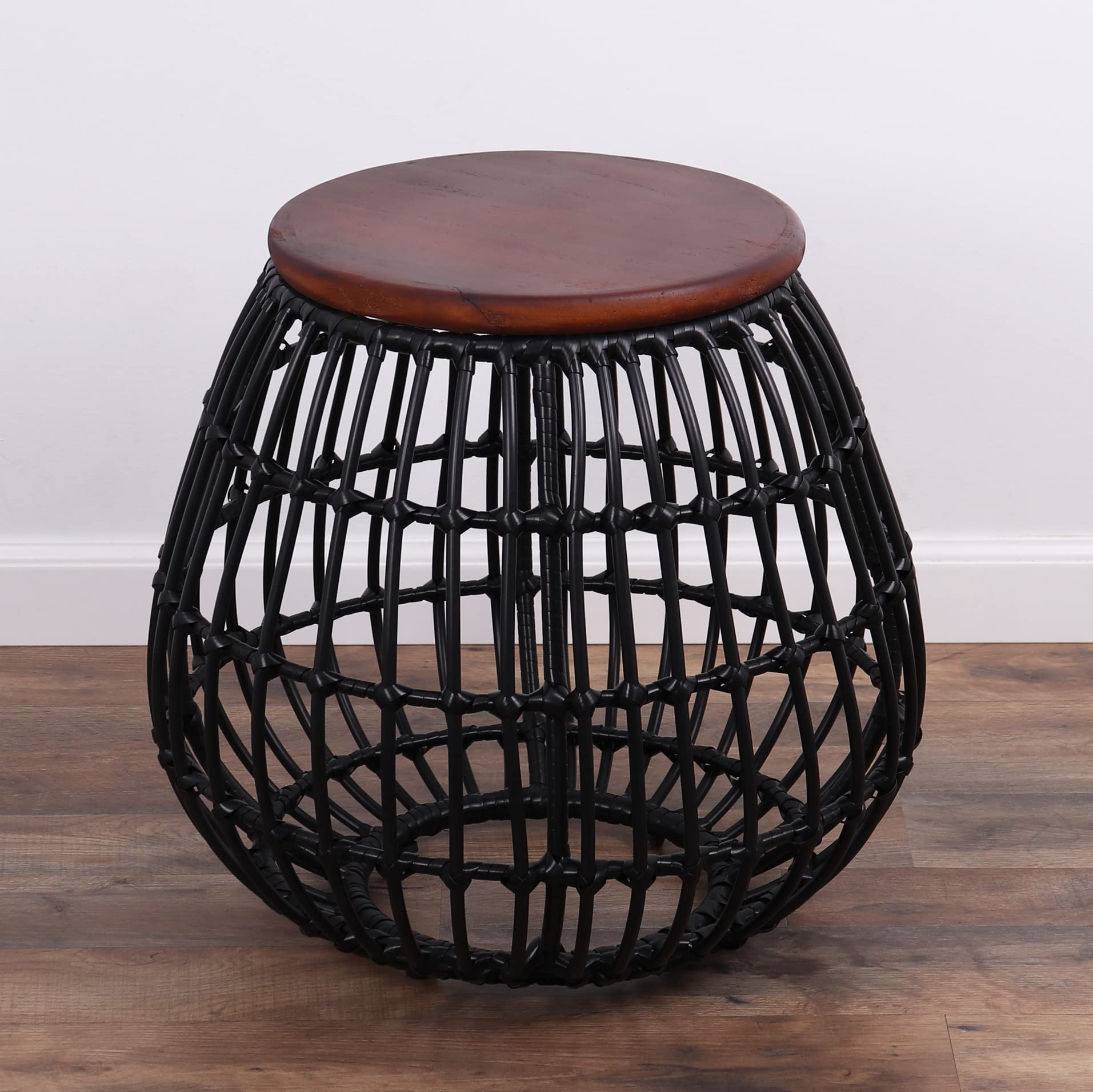 Rutledge & King Rattan Wood Top Side Table - Round Boho End Table for Living Room & Bedroom - Natural Rattan Nightstand with Wooden Top - Perfect Accent Table for Coffee Corner, Reading Nook or Guest Room Decor