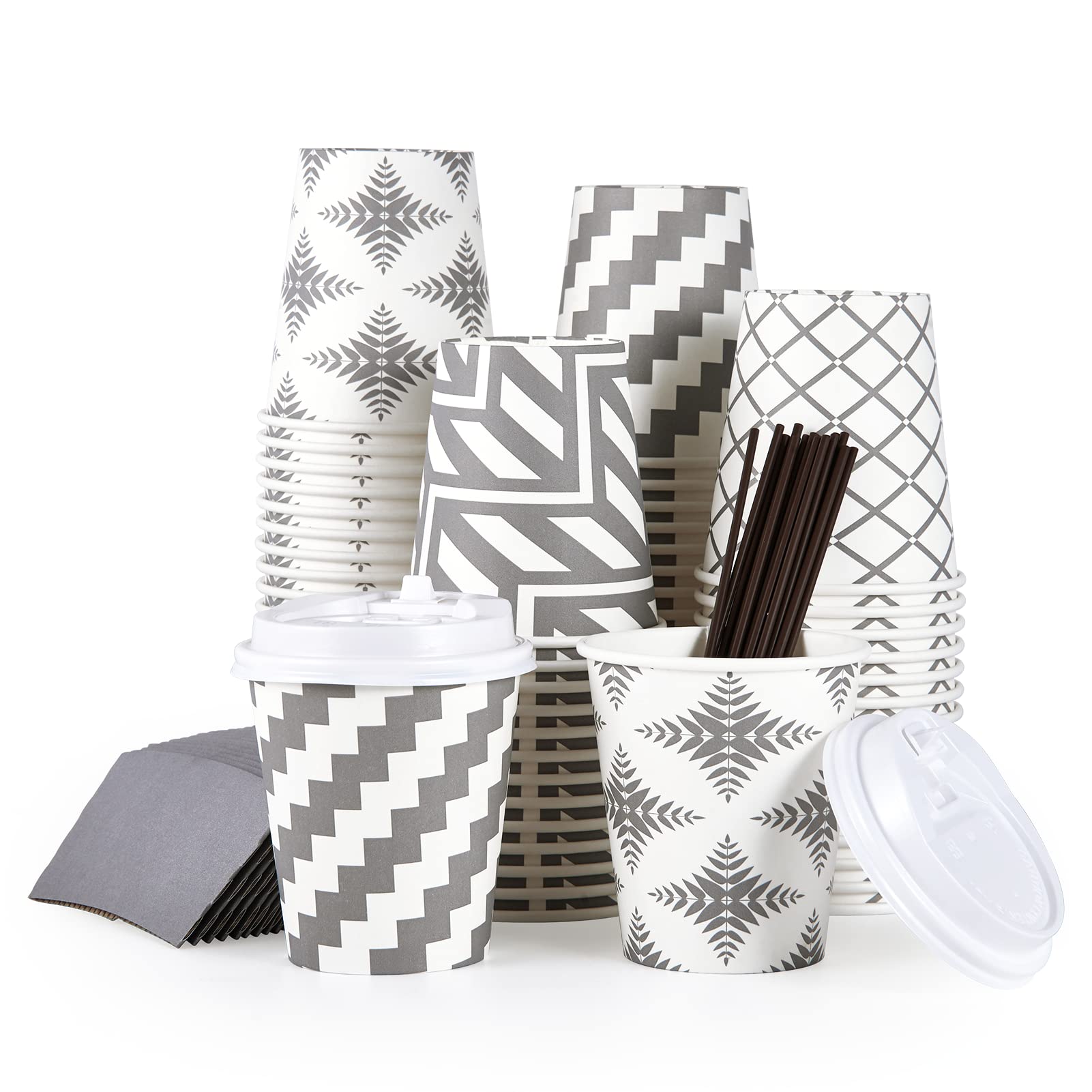 LITOPAK 100 Pack 10 oz Disposable Paper Coffee Cups with Lids, Sleeves & Straws - 4 Stylish Designs for Hot Beverages - Perfect for Home, Office, Coffee Shops, Cafes, and Takeout Services | Ideal for Morning Coffee, Tea Parties, and On-the-Go Drinks