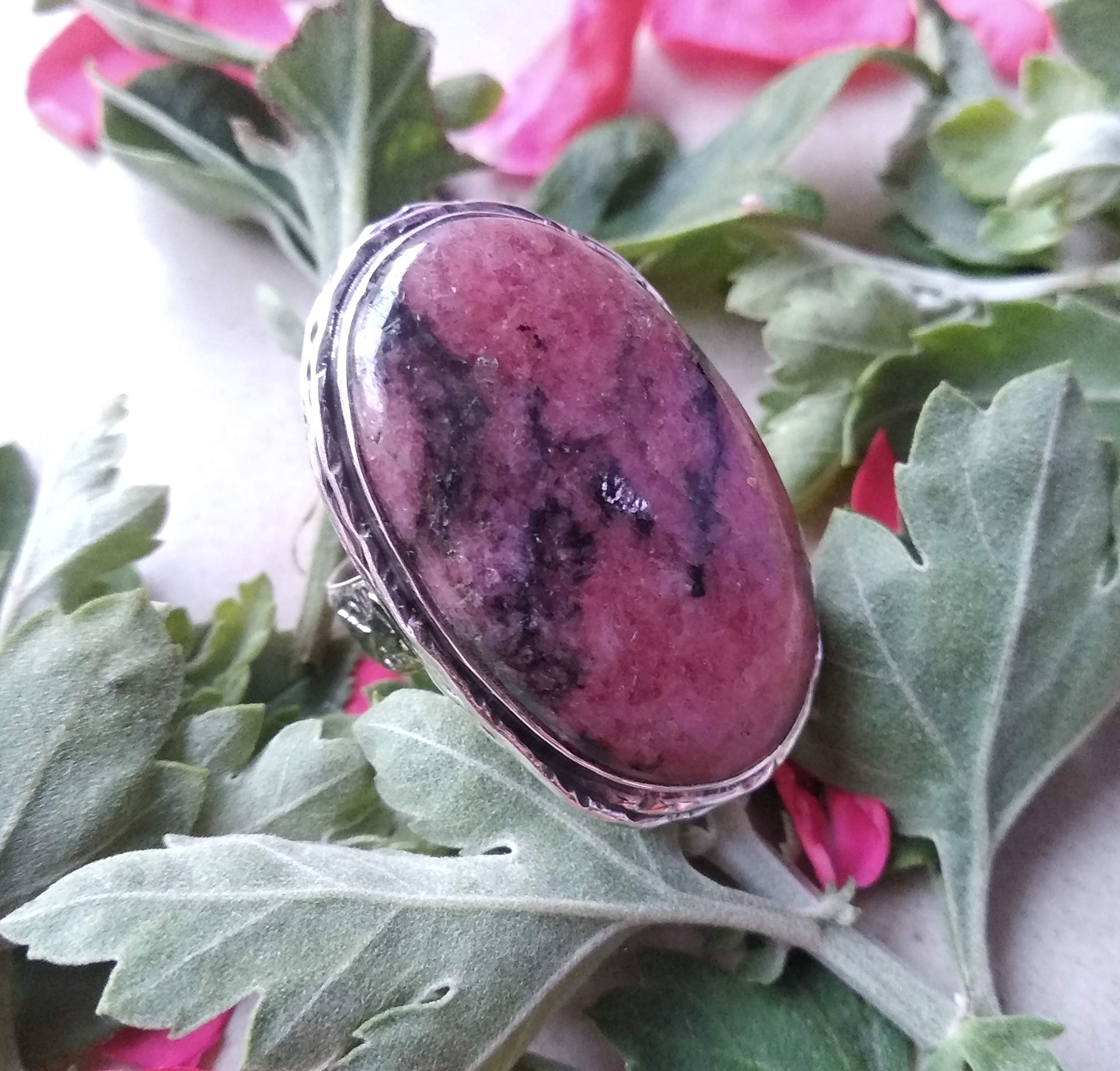Rhodonite Ring Sterling Silver 925, Bohemian Statement Jewelry, Vintage Style Healing Crystal Ring for Women - Perfect Bridesmaid Gift, Anniversary Gift, Promise Ring & Spiritual Healing Jewelry for Everyday Wear, Meditation & Special Occasions