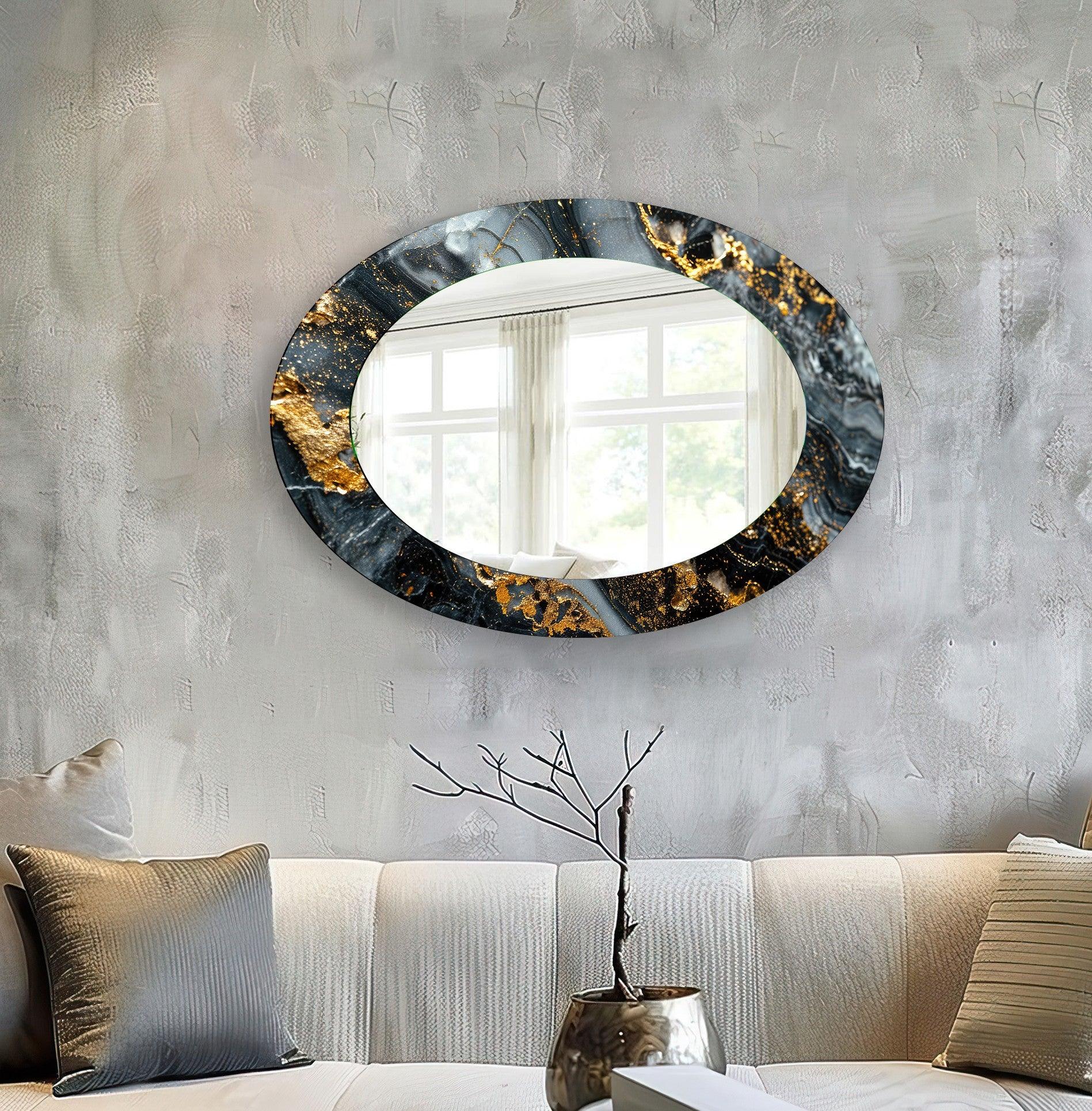 Elegant Black and Gold Abstract Oval Wall Mirror - Modern Home Decor for Living Room, Bedroom, or Entryway