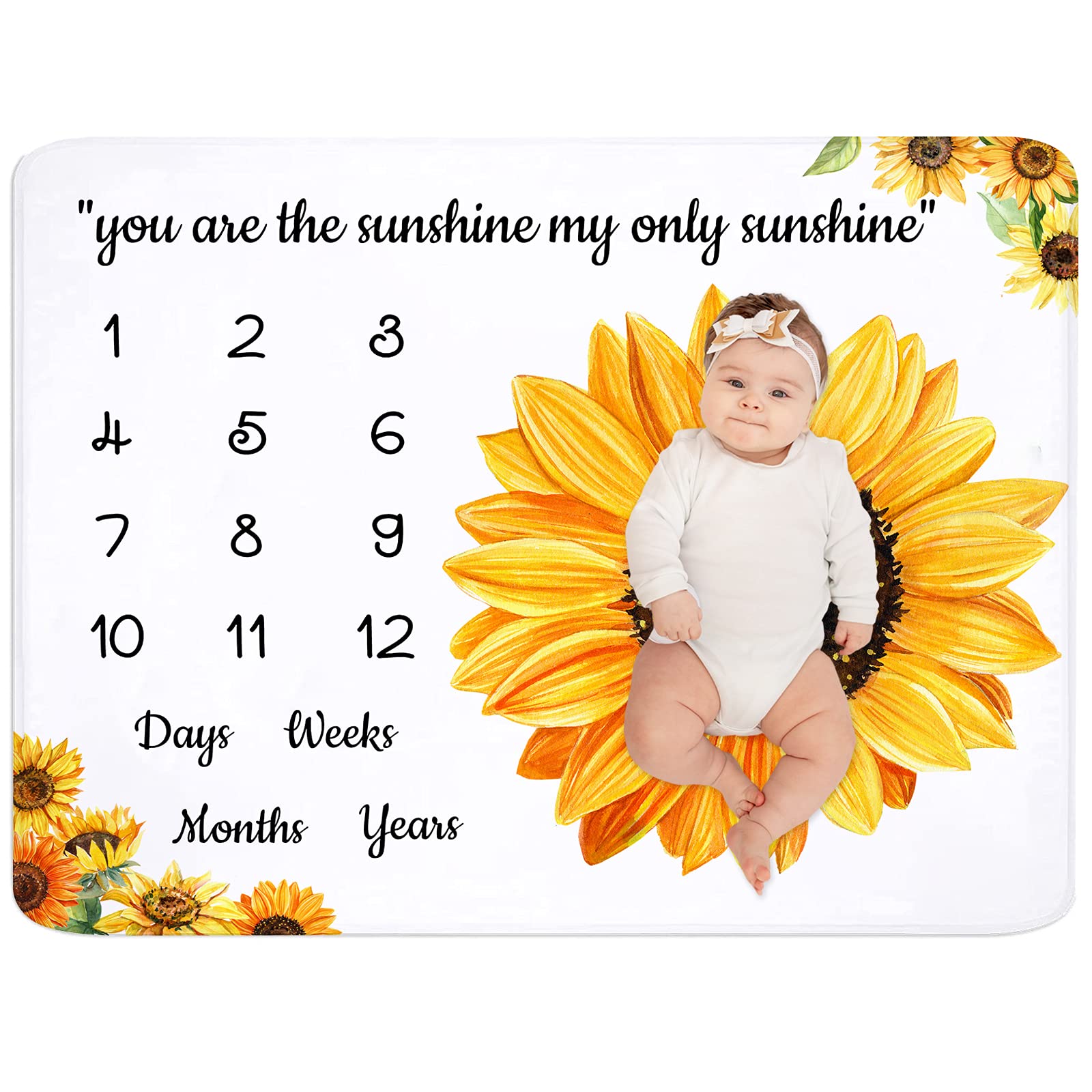 Baby Milestone Blanket for Boys & Girls - Sunflower Nursery Decor, Newborn Baby Shower Gift, 1-12 Month Growth Chart Flannel Fleece Blanket (50