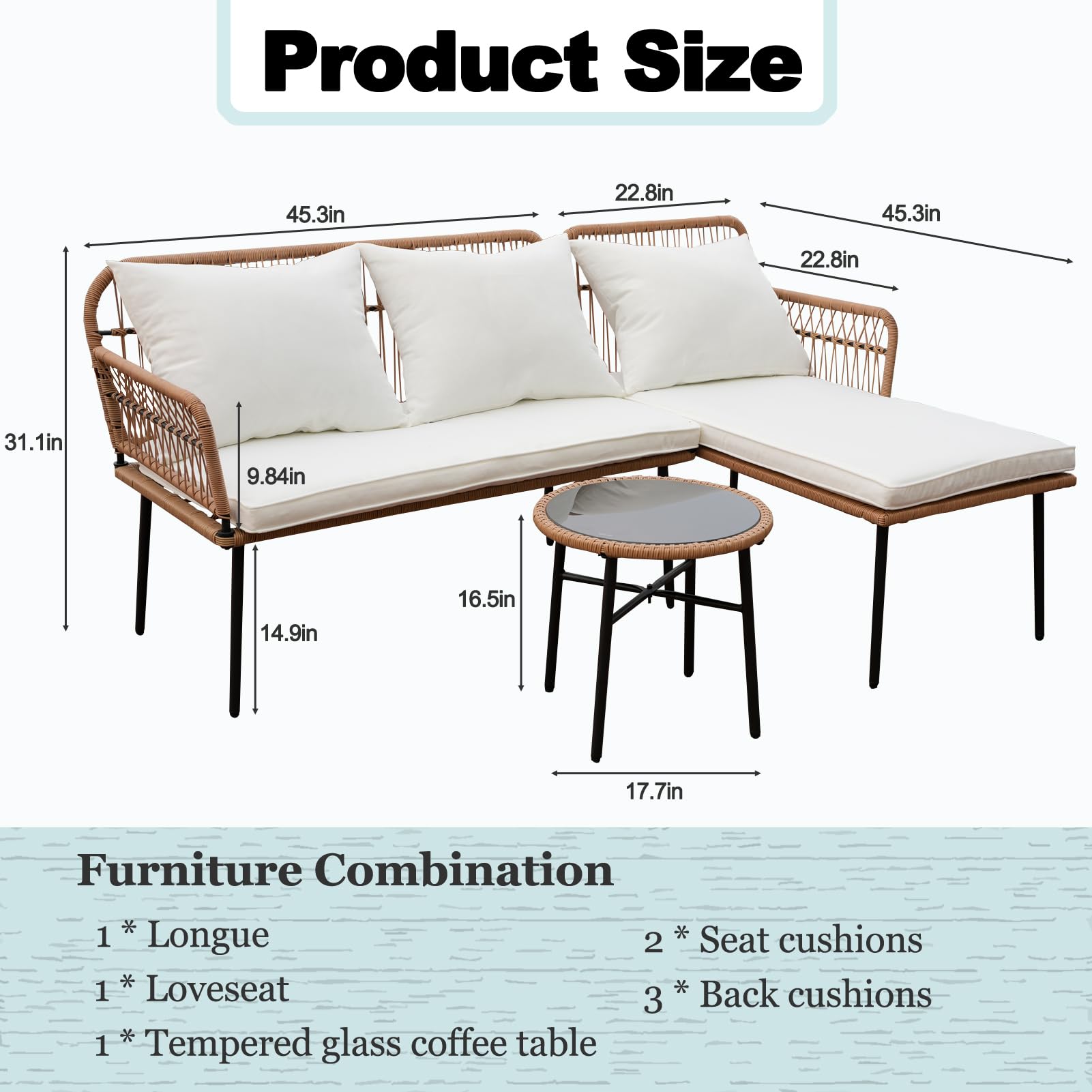 Homsido 3-Piece Boho Woven Outdoor Patio Furniture Set - L-Shaped Conversation Sofa with White Cushions & Glass Side Table - Perfect for Balcony, Garden, Poolside or Backyard Relaxation