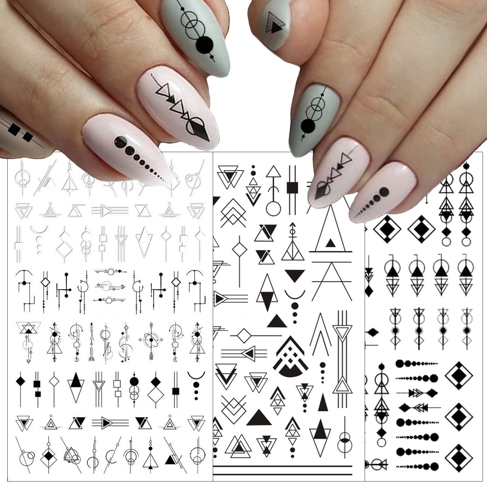 10 Sheets Black and White Geometric Nail Art Stickers - 3D Self-Adhesive DIY Nail Decals with Triangle and Rhombus Patterns - Minimalist Acrylic Nail Supplies for Women and Men - Perfect for Manicure, Nail Art Designs, and Salon Decorations