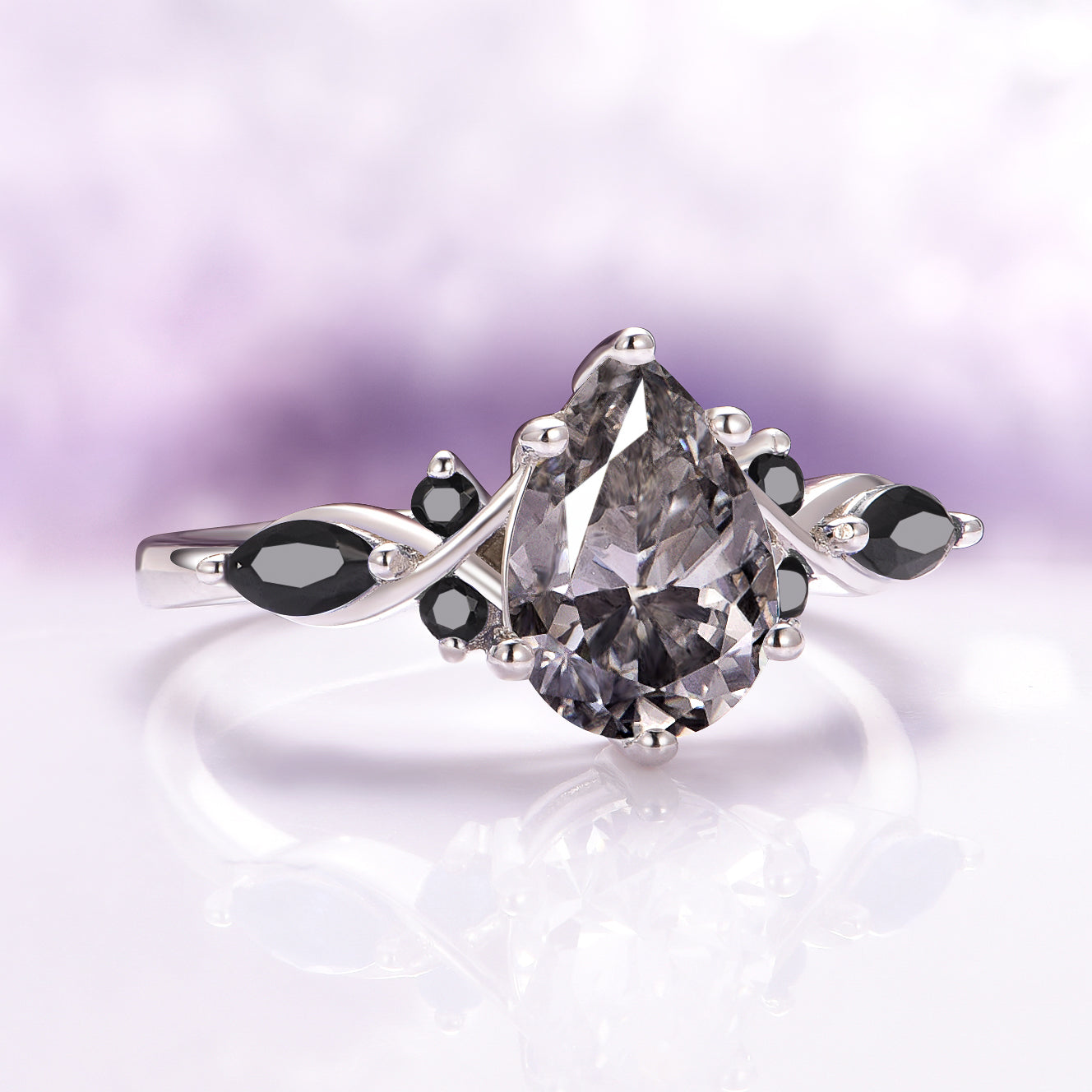 Feyra 14K White Gold Moissanite & Black Onyx Ring for Women | Elegant Wedding, Engagement, Anniversary Jewelry Gift
