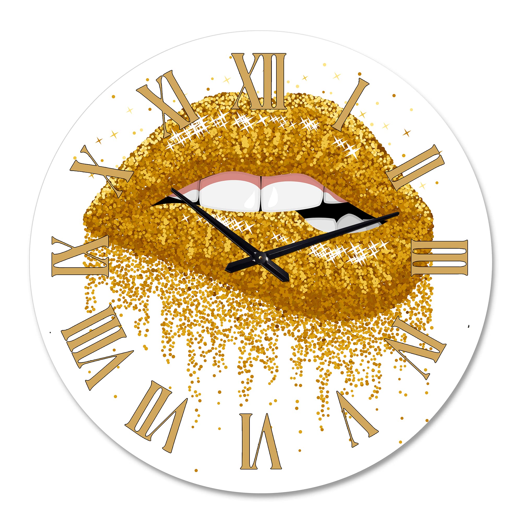 DesignQ Modern Wall Clock - Glitter Gold Sparkles Woman Lips Design - Large Decorative Clock for Bedroom, Living Room & Office - Perfect Home Decor Gift Idea