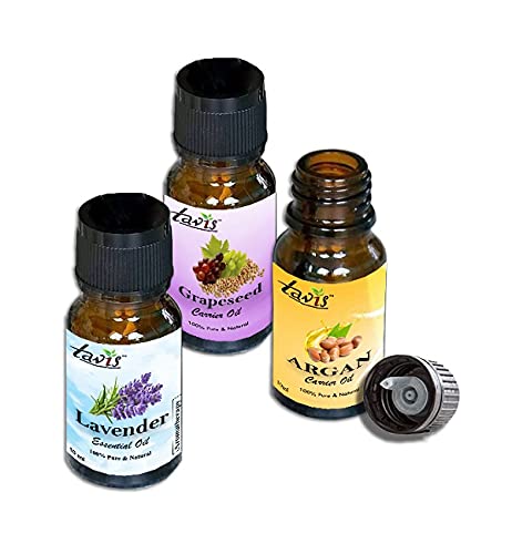 Pure Moroccan Argan Oil, Organic Grapeseed Oil & Lavender Essential Oil Set - For Hair Care, Skin Moisturizing & Aromatherapy Use