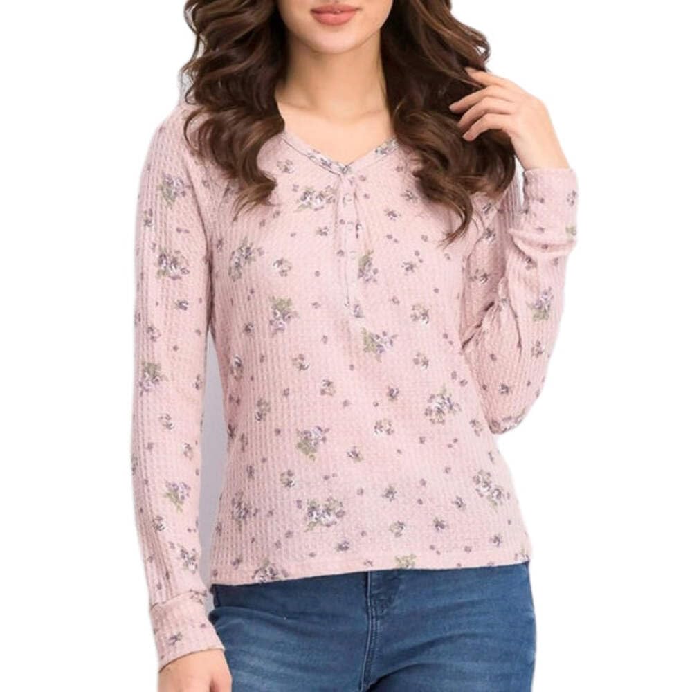 Ultra Flirt Juniors' Floral Print Waffle Texture Henley Top - Pink, Size Large | Cute Casual Blouse for Teens, Perfect for School, Dates & Summer Outfits