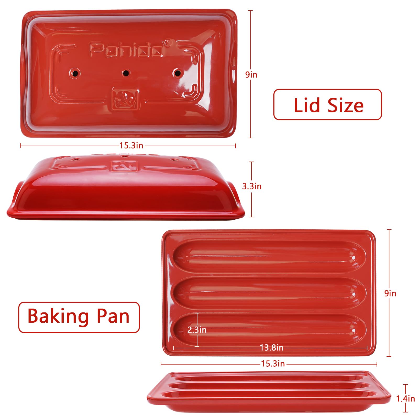 French Bread Baking Pan with 3 Independent Slots & Cover - Ceramic Rectangular Loaf Pan for Even Heating & Crispy Crusts | Perfect for Homemade Artisan Bread, Sourdough & Baguettes
