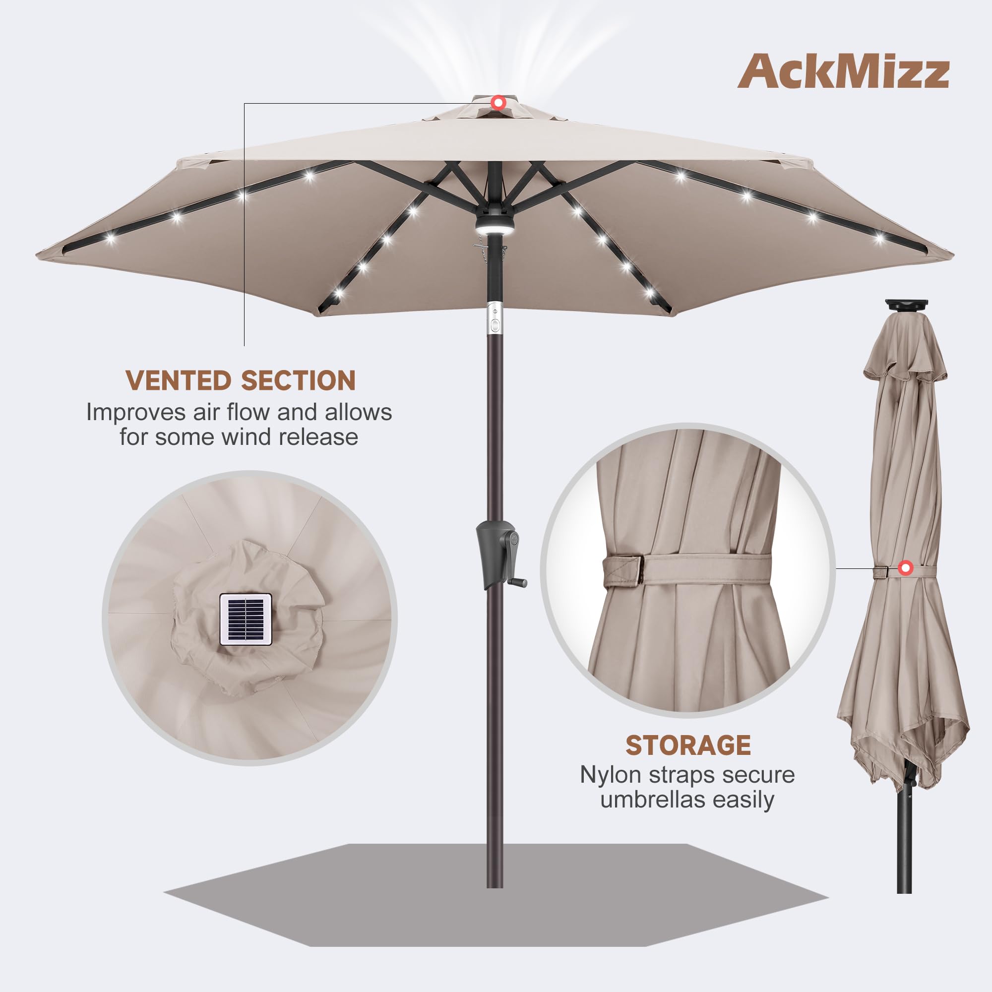 7.5ft Solar Powered LED Patio Umbrella with Tilt & Crank - Waterproof UV Protection Outdoor Table Umbrella for Pool, Garden, Deck, Backyard (Taupe) | Perfect for Summer Evenings, Outdoor Dining & Relaxation