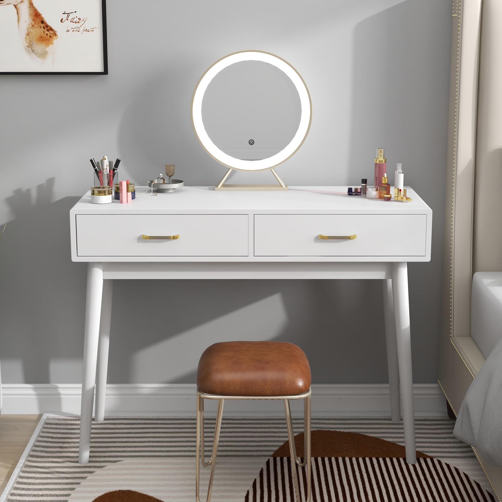 Modern Small White Desk with 2 Drawers - Compact Writing Desk for Small Spaces, Home Office & Study Desk, Laptop Computer Workstation, Bedroom Makeup Vanity Table (White) - Perfect for Apartments, Dorms & Home Offices