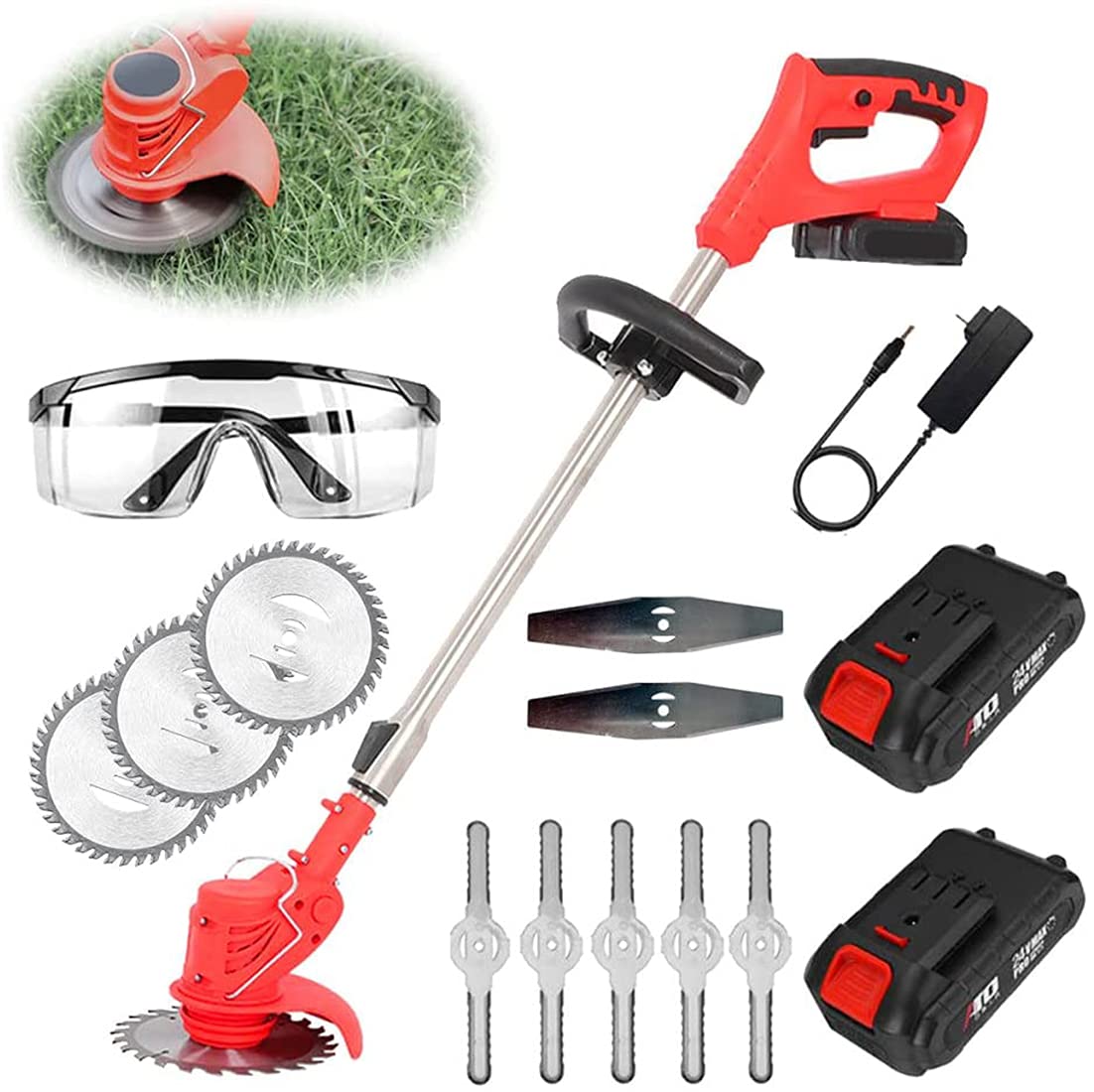 650W Cordless Grass Trimmer & Brush Cutter - 21V Lithium Battery Lawn Mower with 90° Rotatable Head - Electric Weed Wacker for Home, Garden & Yard Maintenance (Red) - Perfect for Lawn Edging, Weed Control & Landscape Trimming