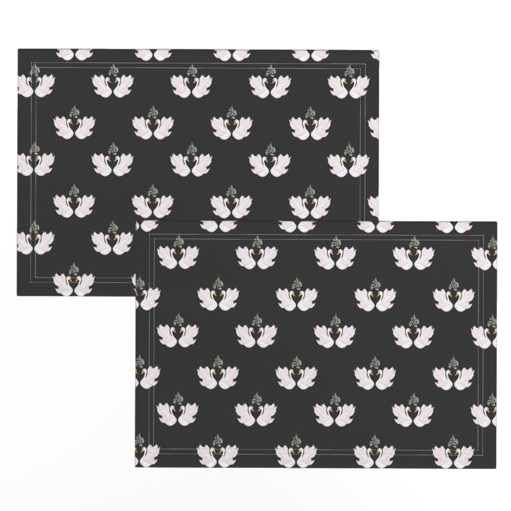 Swan Black White Birds Holiday Kiss Happy Holidays Print Linen Cotton Canvas Placemats (Set of 2) - Elegant Dining Table Decor for Christmas, Thanksgiving & Special Occasions