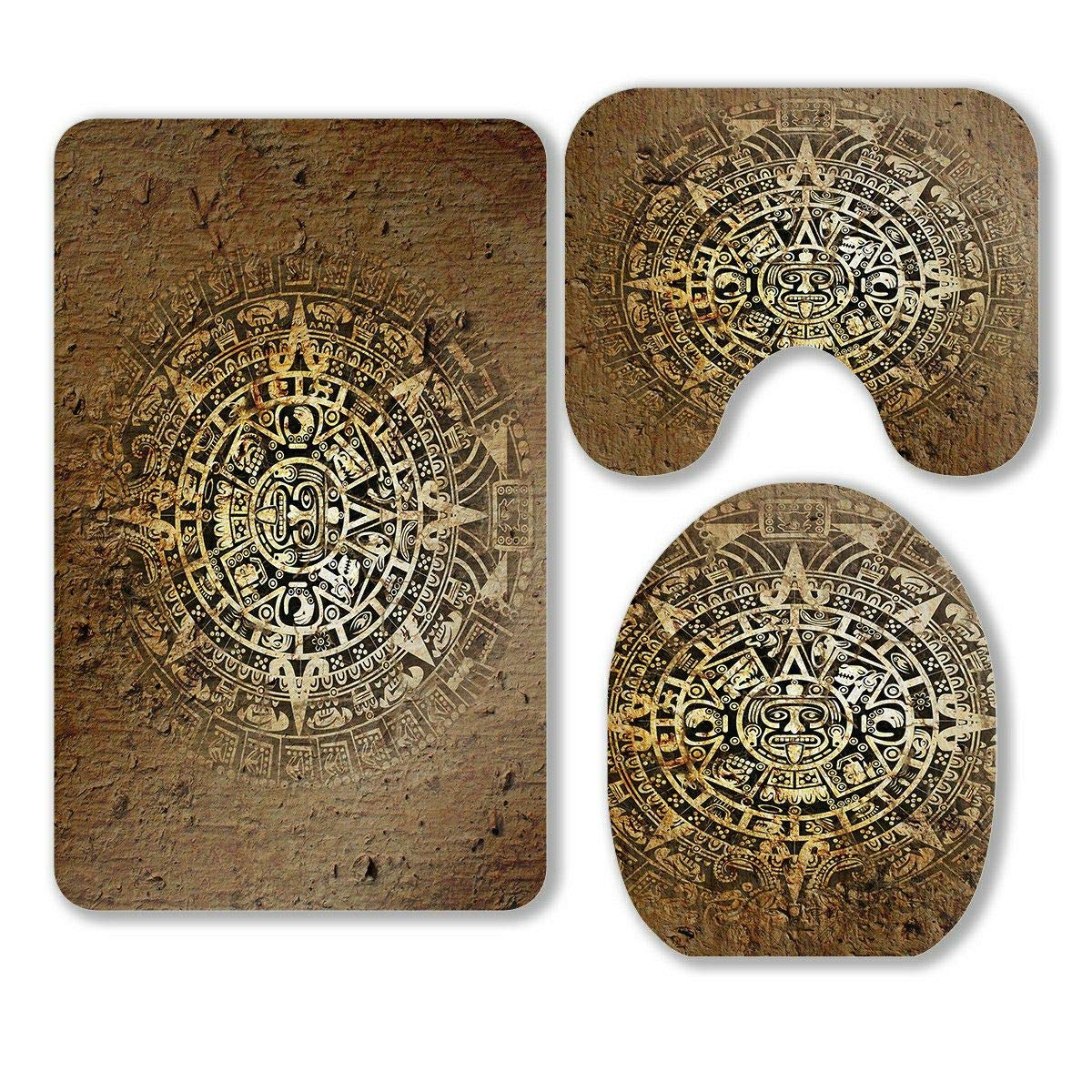 ECZJNT Aztec Calendar Bathroom Rug Set - 3 Piece Non-Slip Bath Mat, Contour Mat & Toilet Cover with Ancient Stone Design - Perfect for Southwest Style Bathrooms & Vintage Home Decor