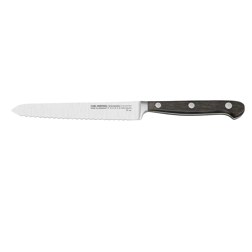 Carl Mertens 5-Inch Serrated Utility Knife - Premium German Stainless Steel Blade for Slicing Bread, Fruits & Vegetables - Perfect for Kitchen, Camping & Outdoor Cooking
