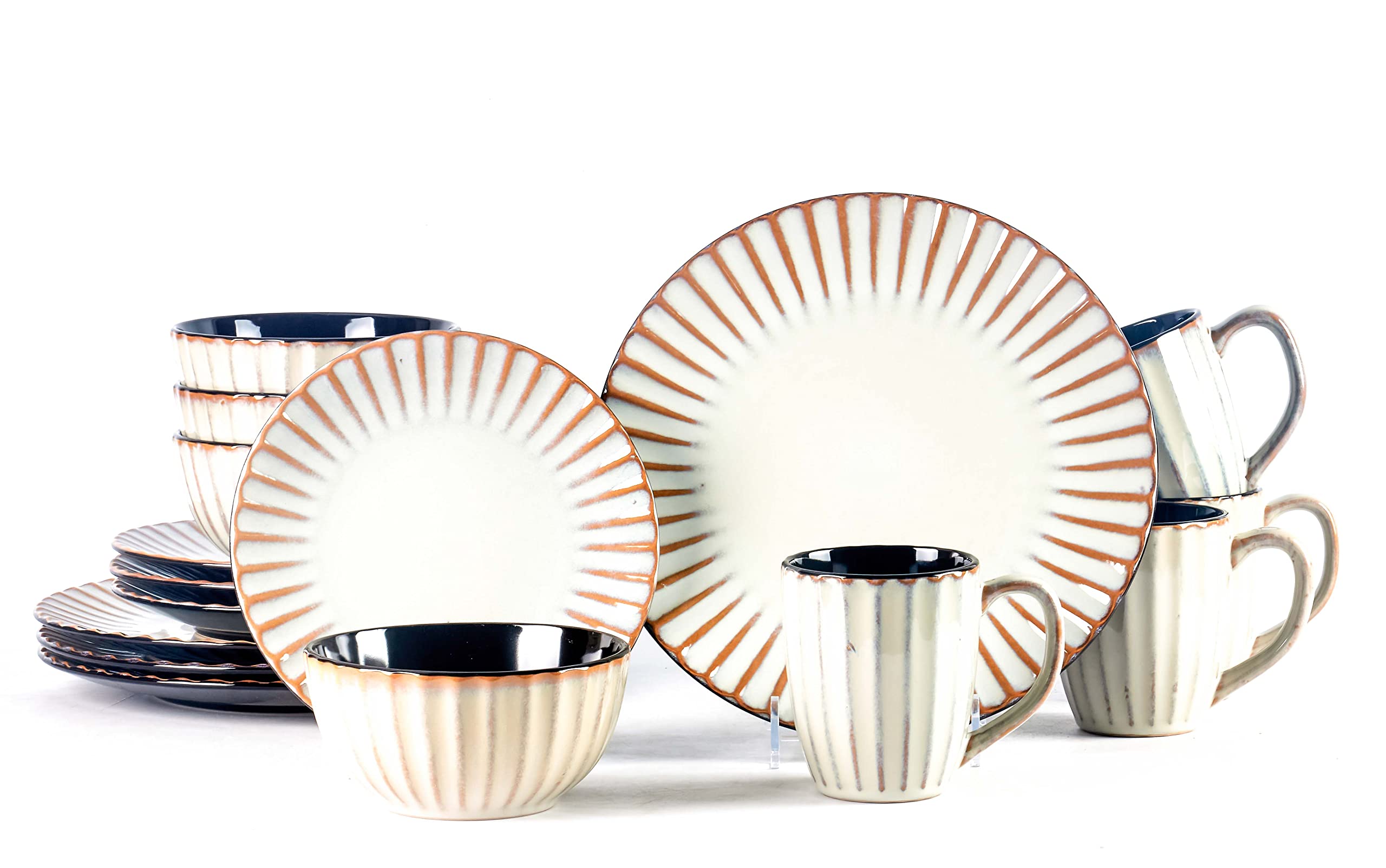 Osita Strip Stoneware 16-Piece Dinnerware Set - Reactive Glaze Golden Beige Ceramic Plates & Bowls - Elegant Tableware for Everyday Dining & Entertaining